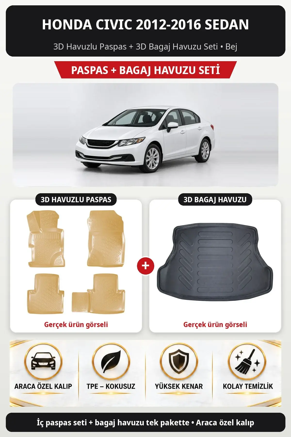 Honda Civic 2012-2016 Sedan 3D Havuzlu Paspas + 3D Bagaj Havuzu Seti Bej (1)