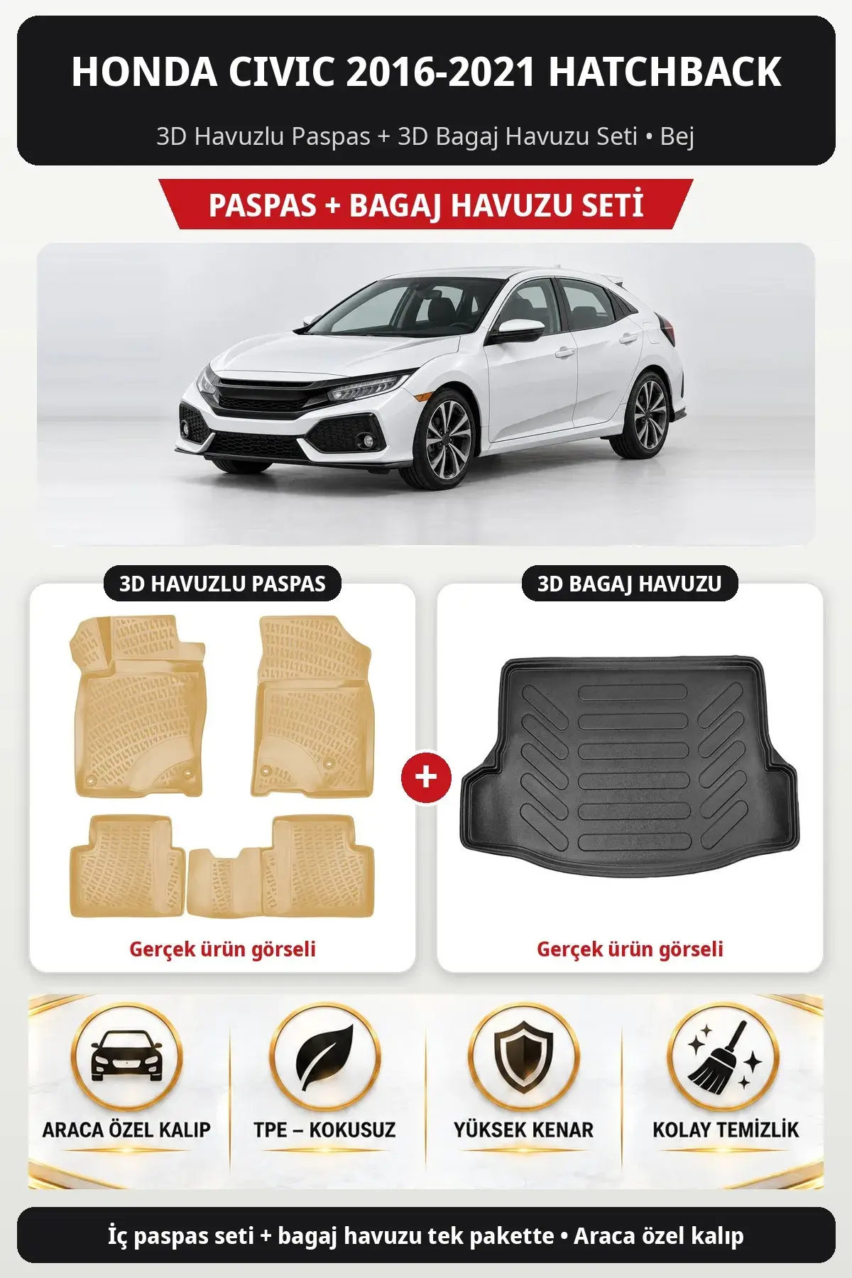 Honda Civic 2016-2021 Hatchback 3D Havuzlu Paspas + 3D Bagaj Havuzu Seti Bej (1)