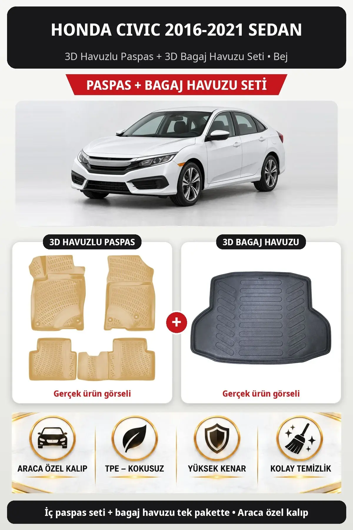 Honda Civic 2016-2021 Sedan 3D Havuzlu Paspas + 3D Bagaj Havuzu Seti Bej (1)