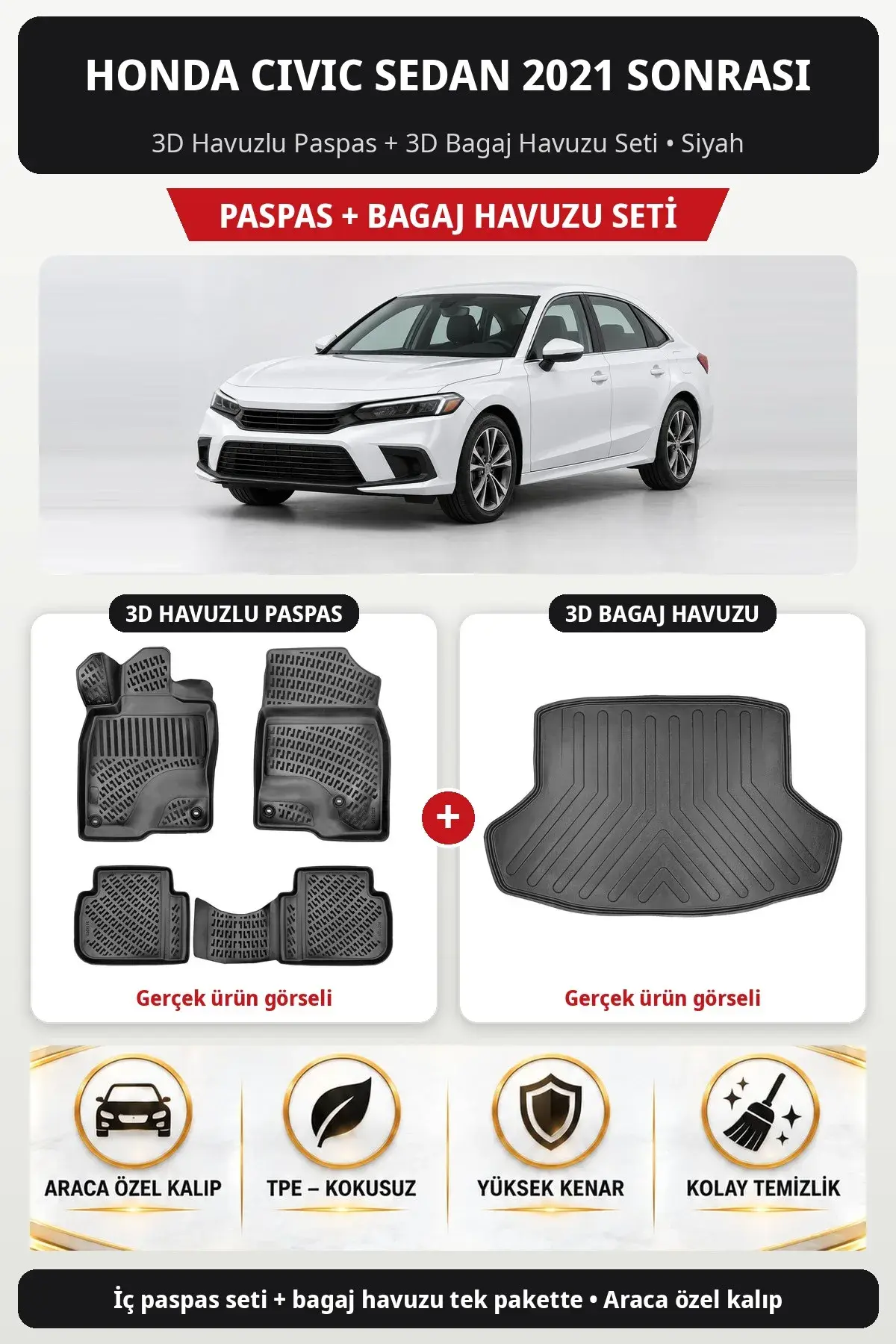 Honda Civic Sedan 2021 Sonrası 3D Havuzlu Paspas + 3D Bagaj Havuzu Seti Siyah (1)
