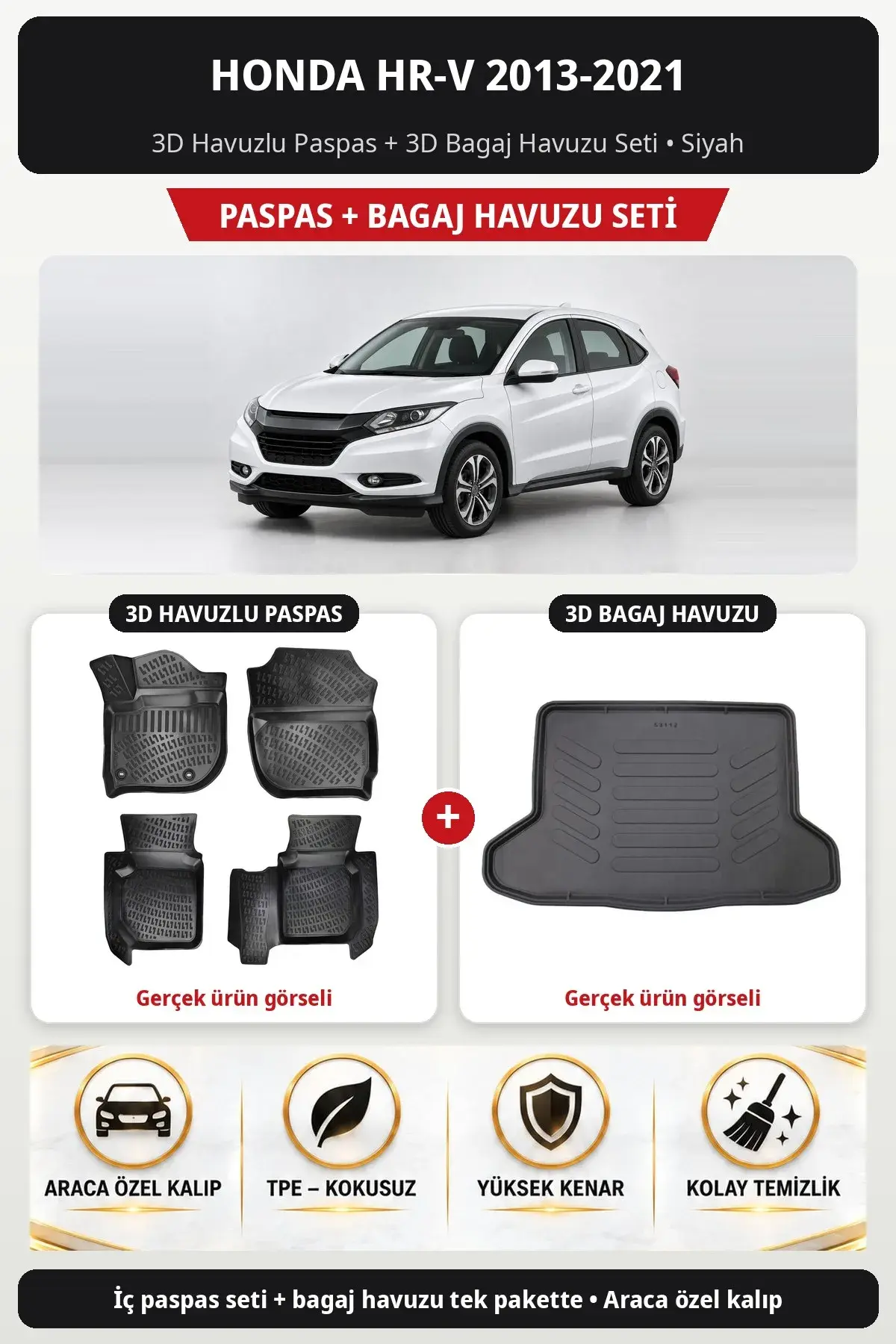 Honda HR-V 2013-2021 3D Havuzlu Paspas + 3D Bagaj Havuzu Seti Siyah (1)