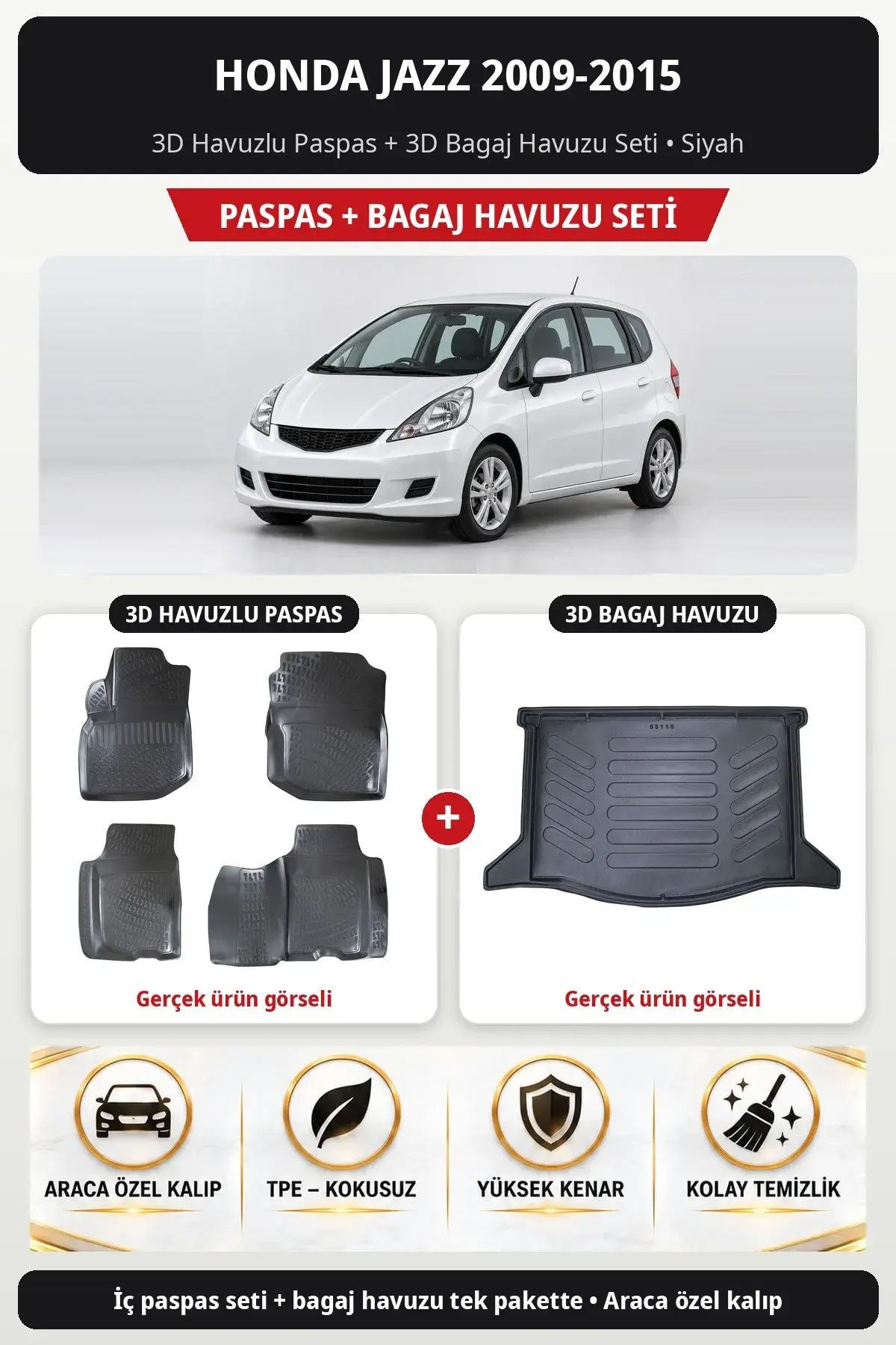 Honda Jazz 2009-2015 3D Havuzlu Paspas + 3D Bagaj Havuzu Seti Siyah (1)