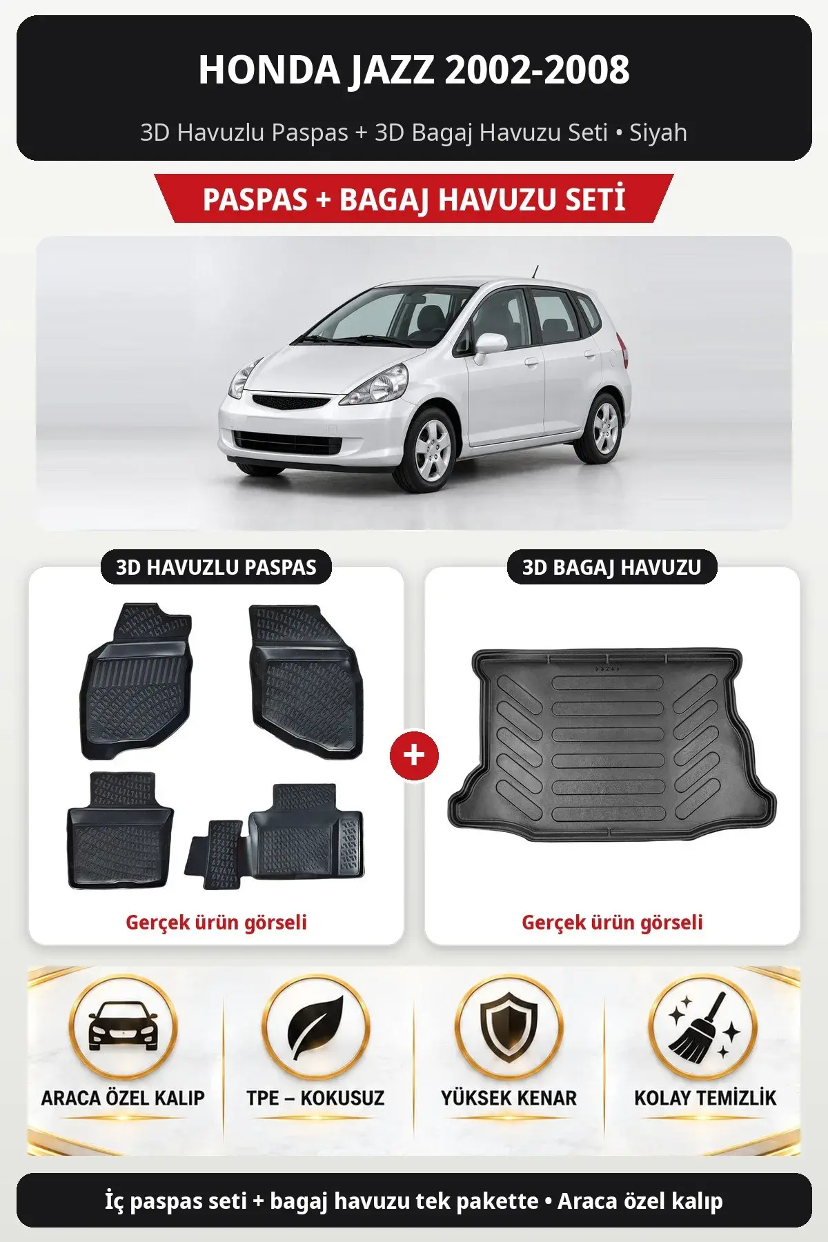 Honda Jazz 2002-2008 3D Havuzlu Paspas + 3D Bagaj Havuzu Seti Siyah (1)