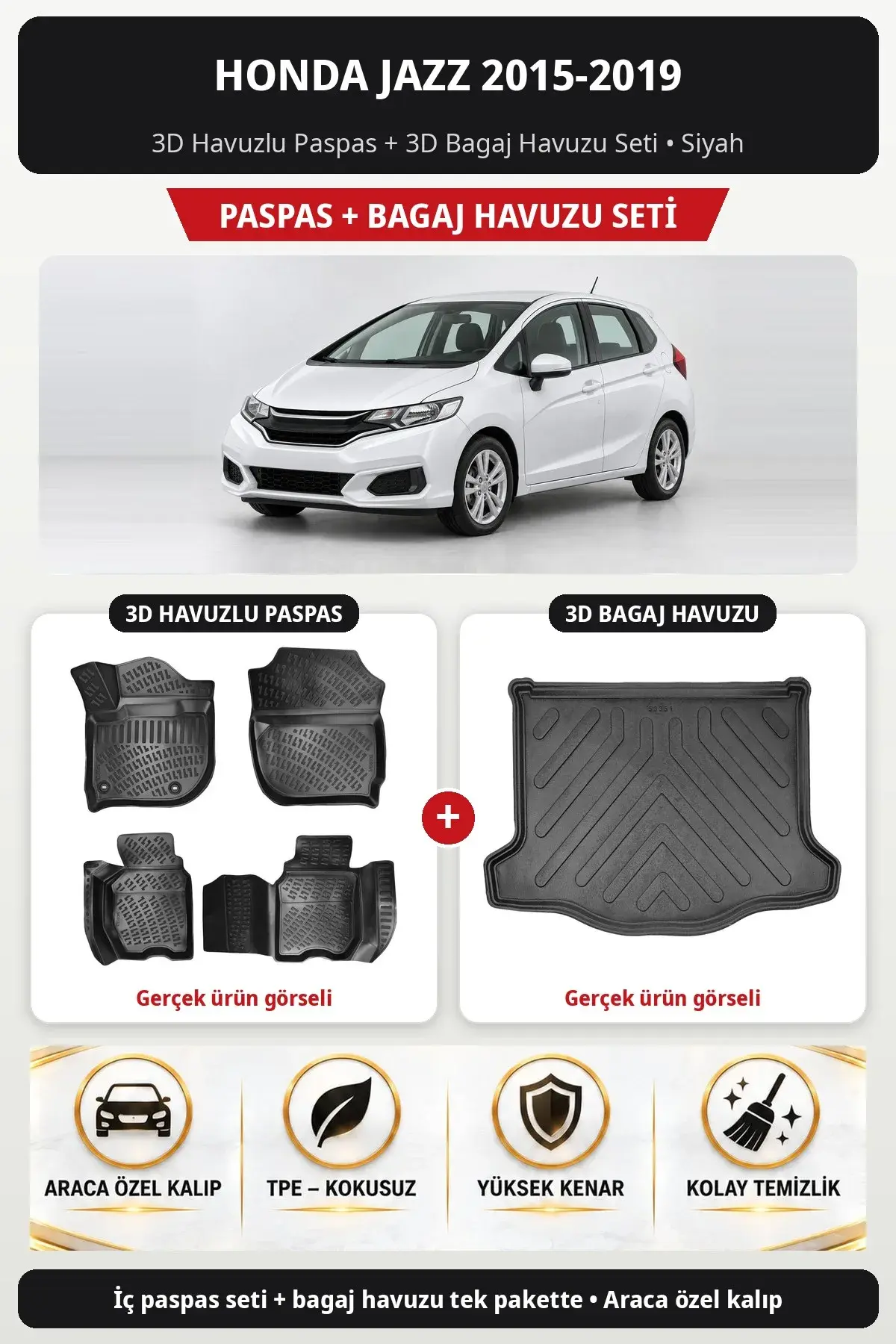 Honda Jazz 2015-2019 3D Havuzlu Paspas + 3D Bagaj Havuzu Seti Siyah (1)