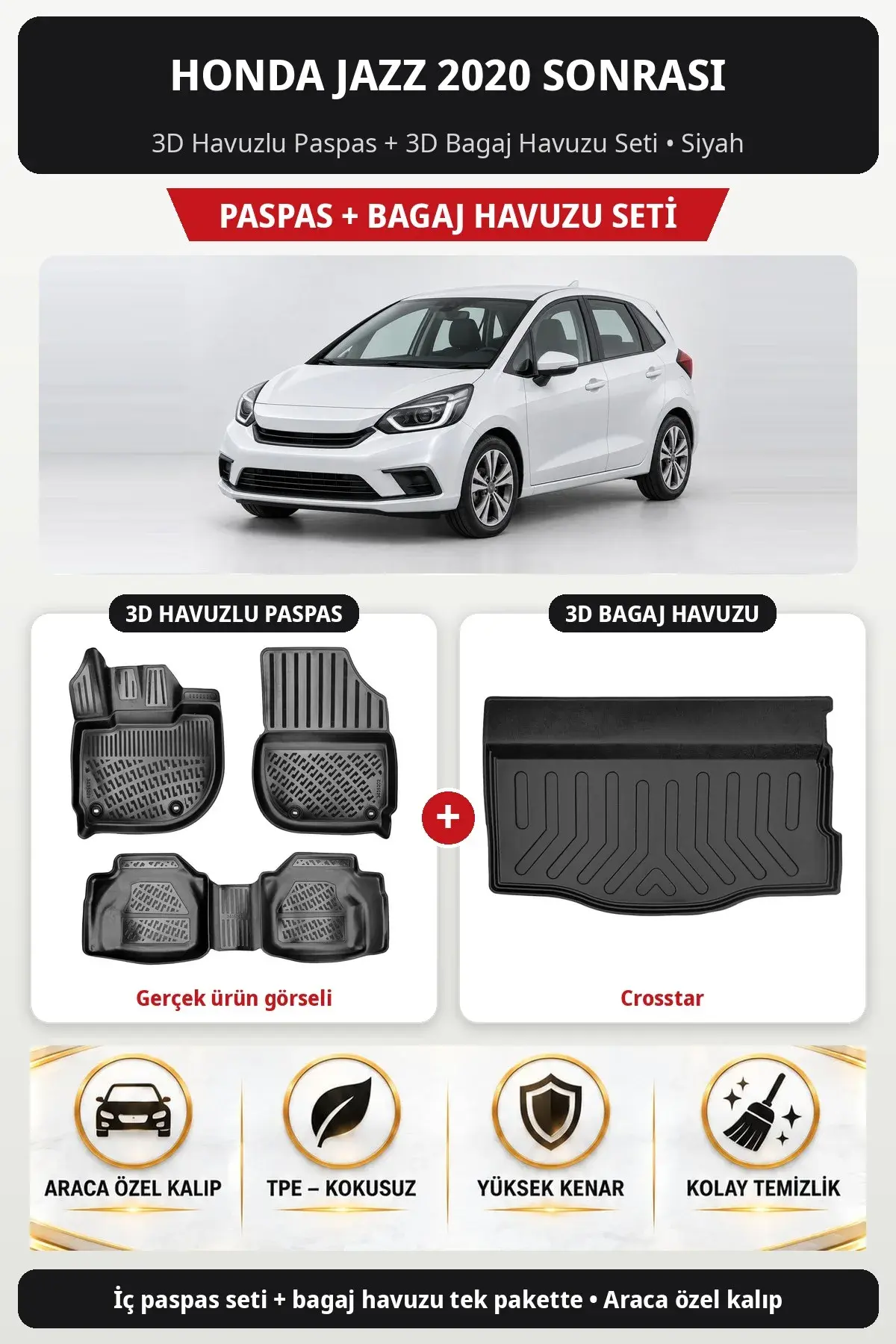 Honda Jazz 2020 Sonrası 3D Havuzlu Paspas + 3D Bagaj Havuzu Seti (Crosstar) Siyah (1)