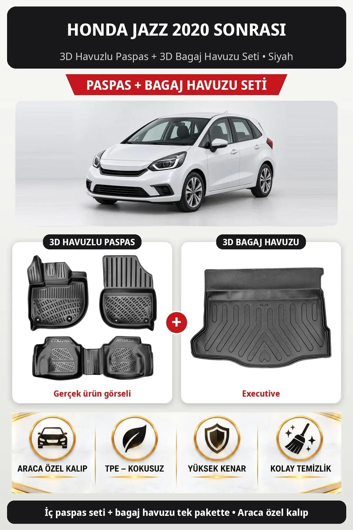 Honda Jazz 2020 Sonrası 3D Havuzlu Paspas + 3D Bagaj Havuzu Seti (Executive) Siyah (1)