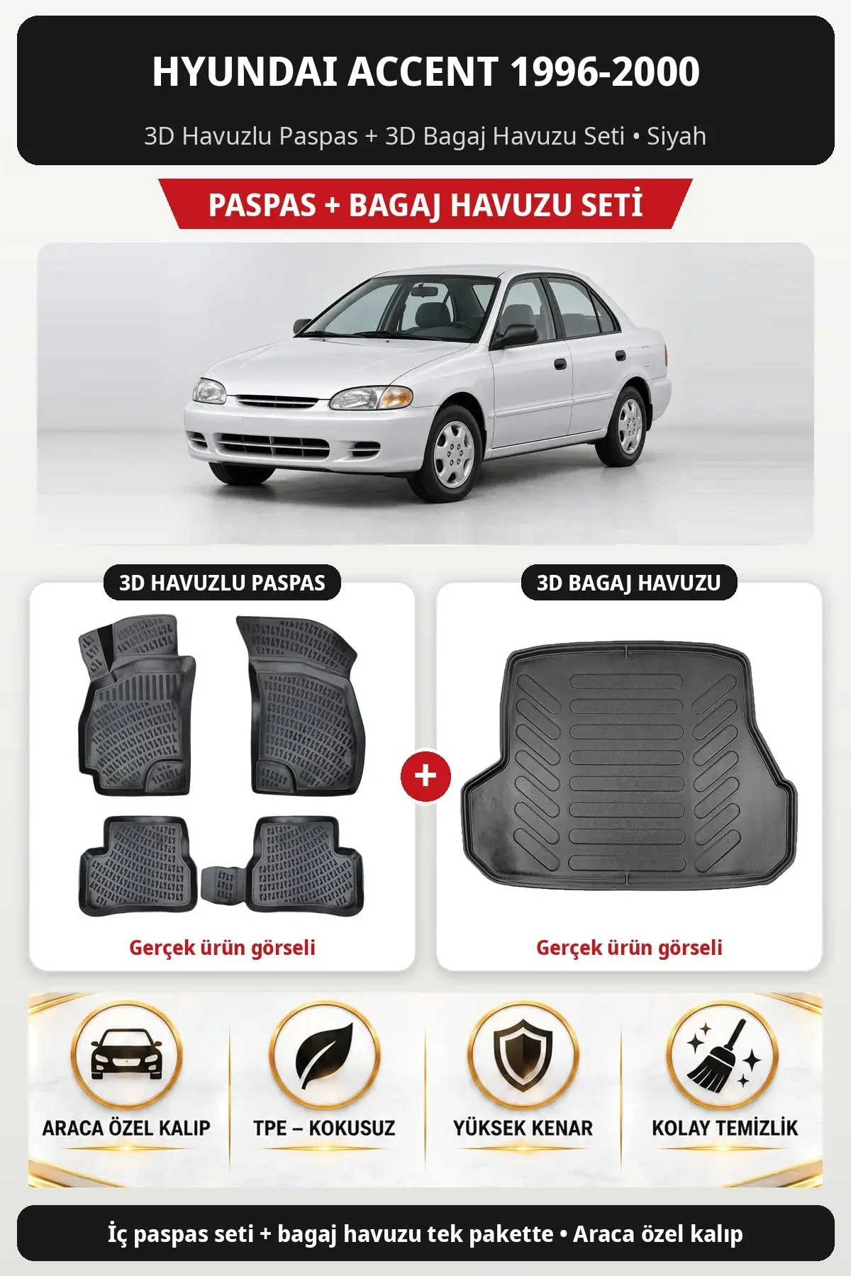 Hyundai Accent 1996-2000 3D Havuzlu Paspas + 3D Bagaj Havuzu Seti Siyah (1)