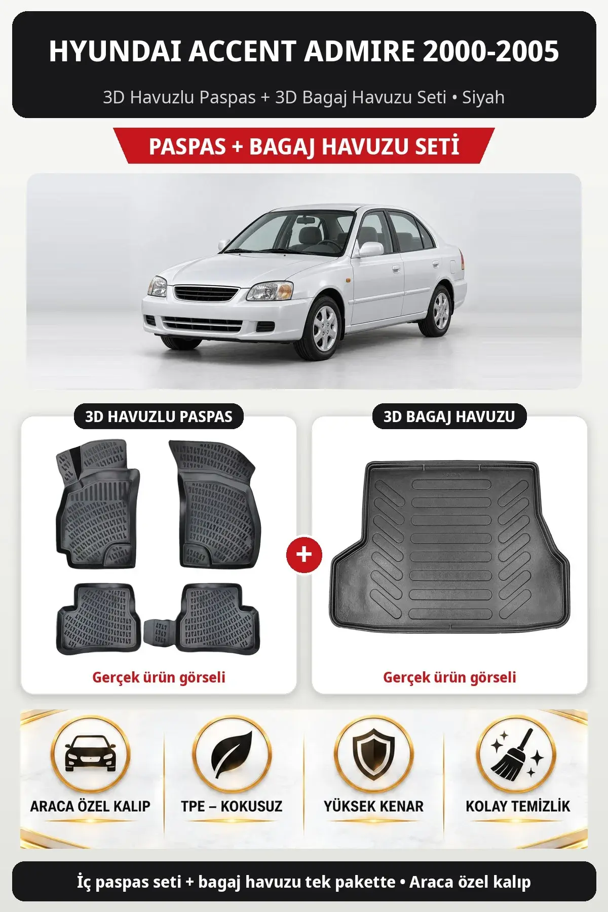 Hyundai Accent Admire 2000-2005 3D Havuzlu Paspas + 3D Bagaj Havuzu Seti Siyah (1)