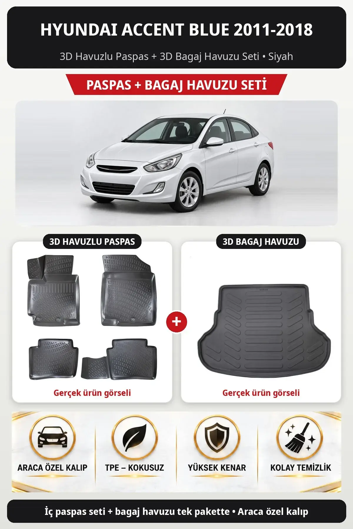 Hyundai Accent Blue 2011-2018 3D Havuzlu Paspas + 3D Bagaj Havuzu Seti Siyah (1)