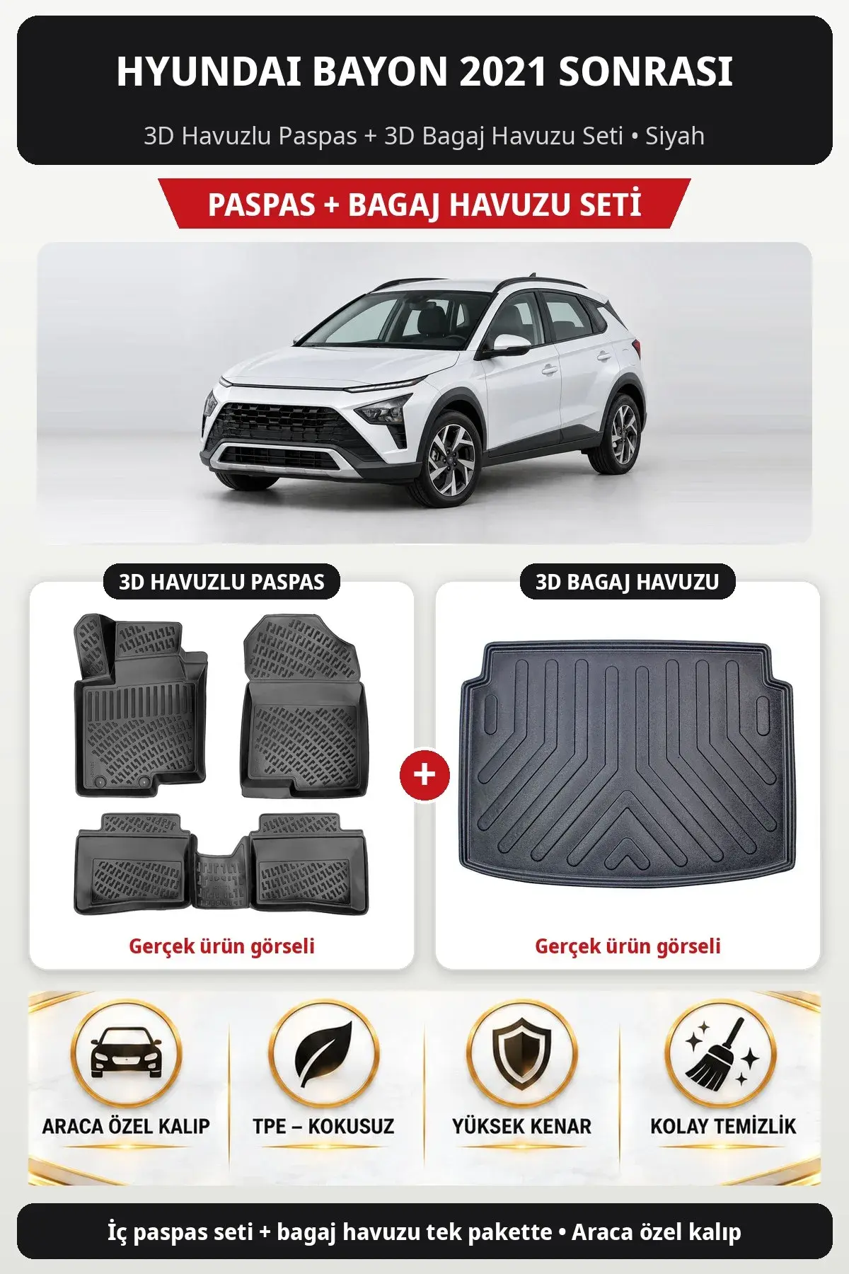 Hyundai Bayon 2021 Sonrası 3D Havuzlu Paspas + 3D Bagaj Havuzu Seti Siyah (1)