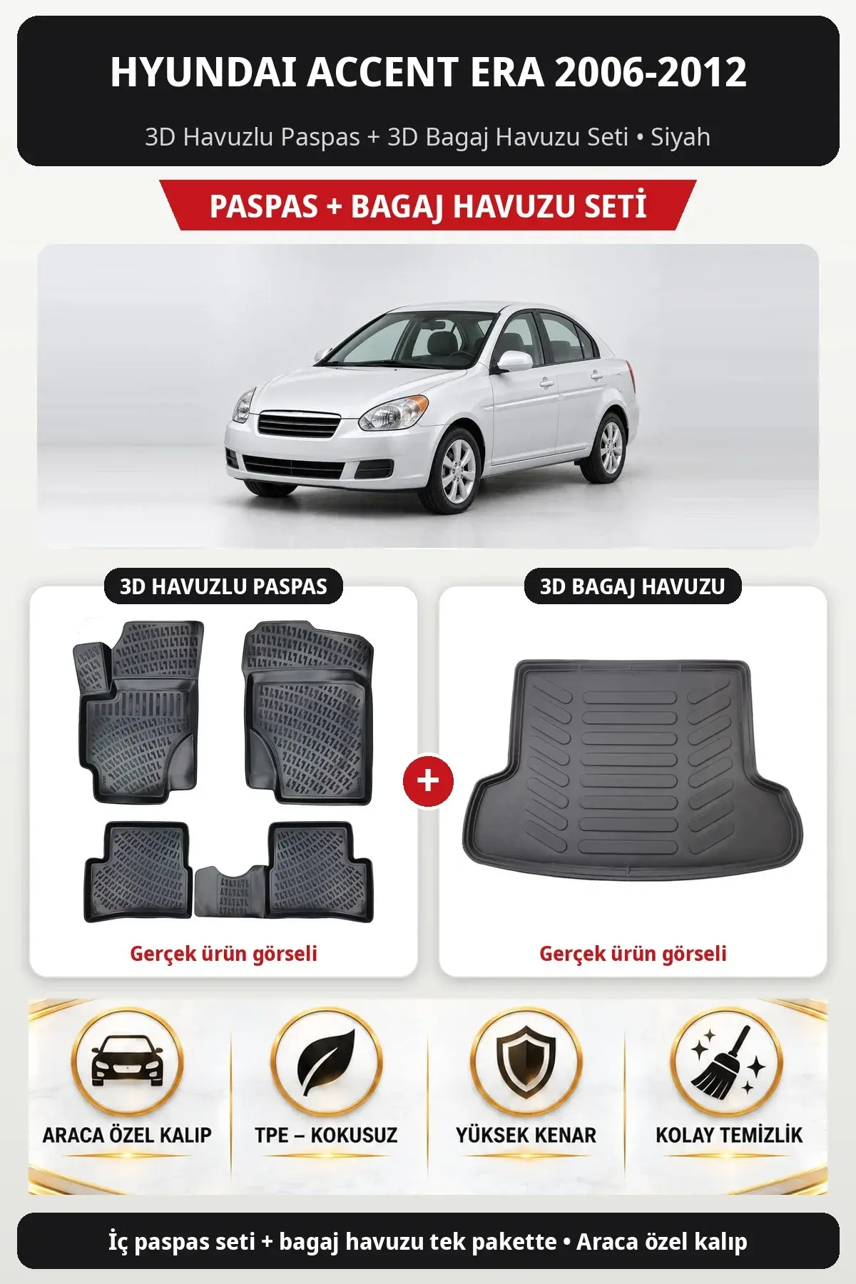 Hyundai Accent Era 2006-2012 3D Havuzlu Paspas + 3D Bagaj Havuzu Seti Siyah (1)