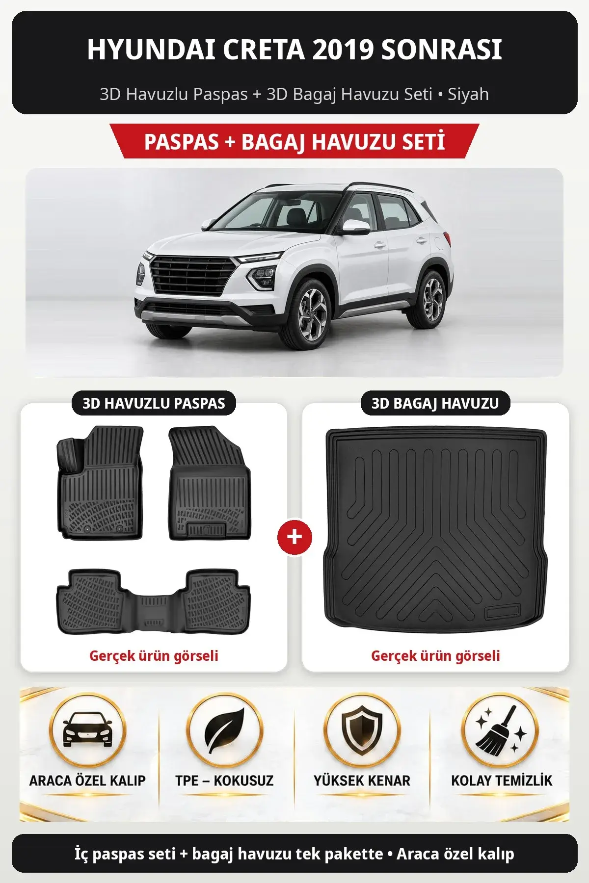 Hyundai Creta 2019 Sonrası 3D Havuzlu Paspas + 3D Bagaj Havuzu Seti Siyah (1)