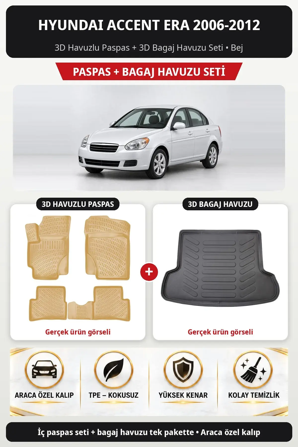 Hyundai Accent Era 2006-2012 3D Havuzlu Paspas + 3D Bagaj Havuzu Seti Bej (1)