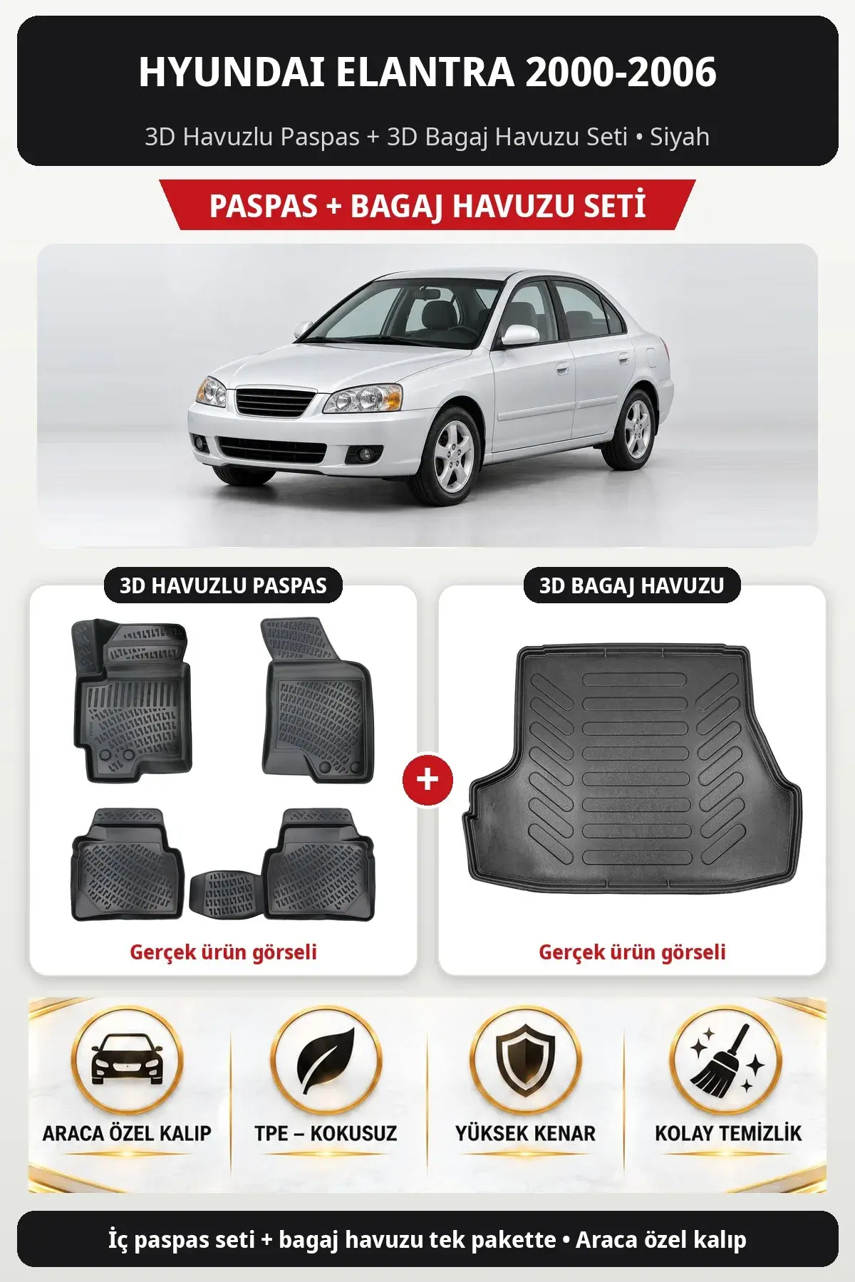 Hyundai Elantra 2000-2006 3D Havuzlu Paspas + 3D Bagaj Havuzu Seti Siyah (1)