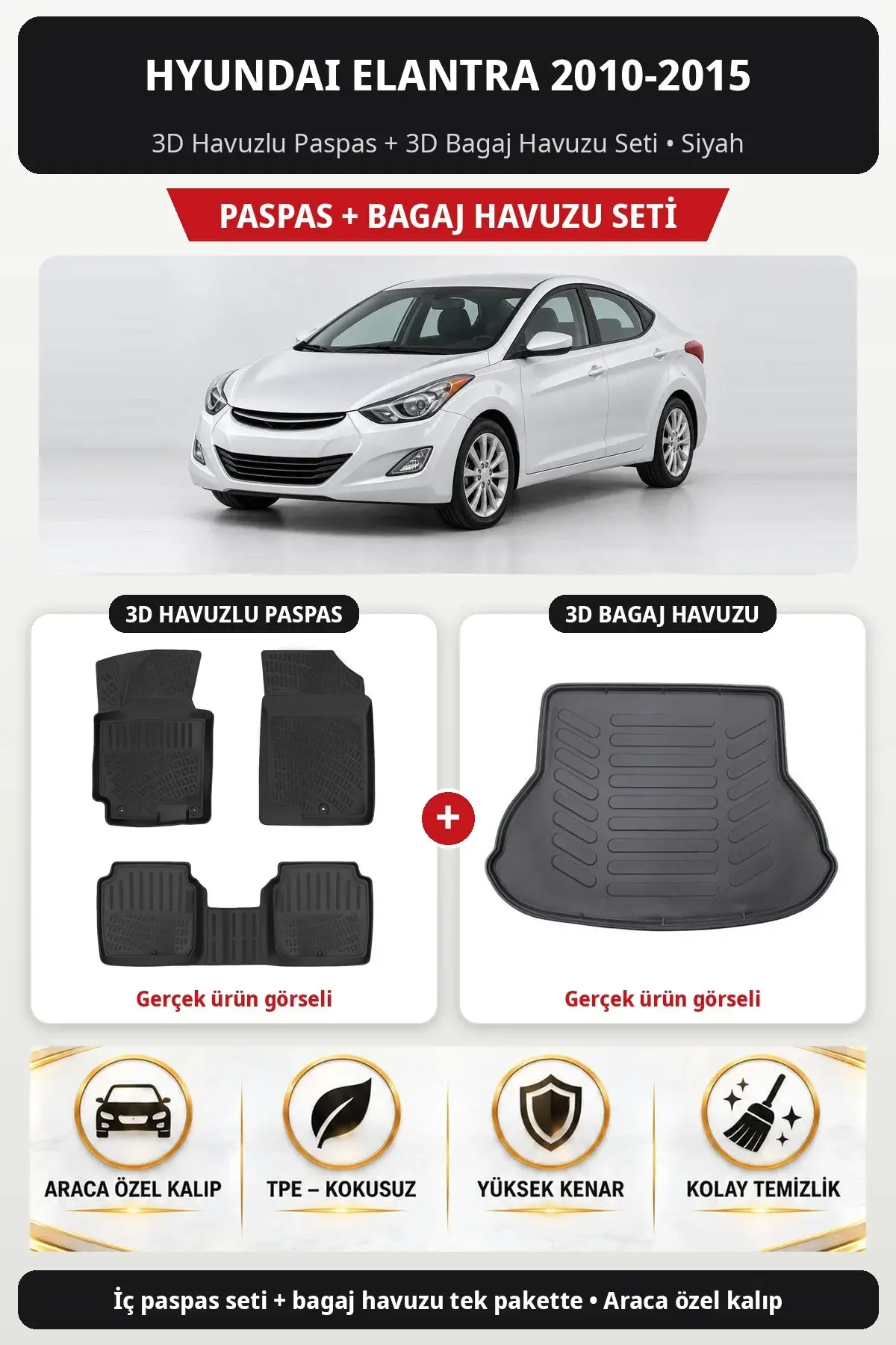 Hyundai Elantra 2010-2015 3D Havuzlu Paspas + 3D Bagaj Havuzu Seti Siyah (1)