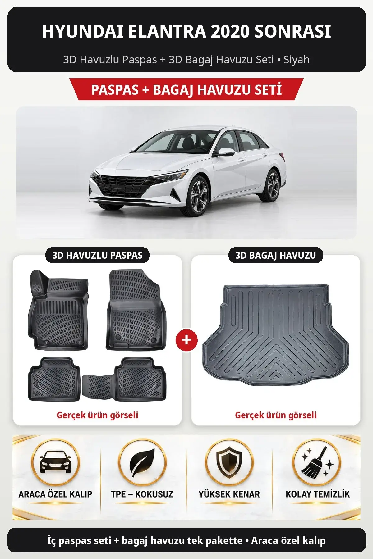 Hyundai Elantra 2020 Sonrası 3D Havuzlu Paspas + 3D Bagaj Havuzu Seti Siyah (1)