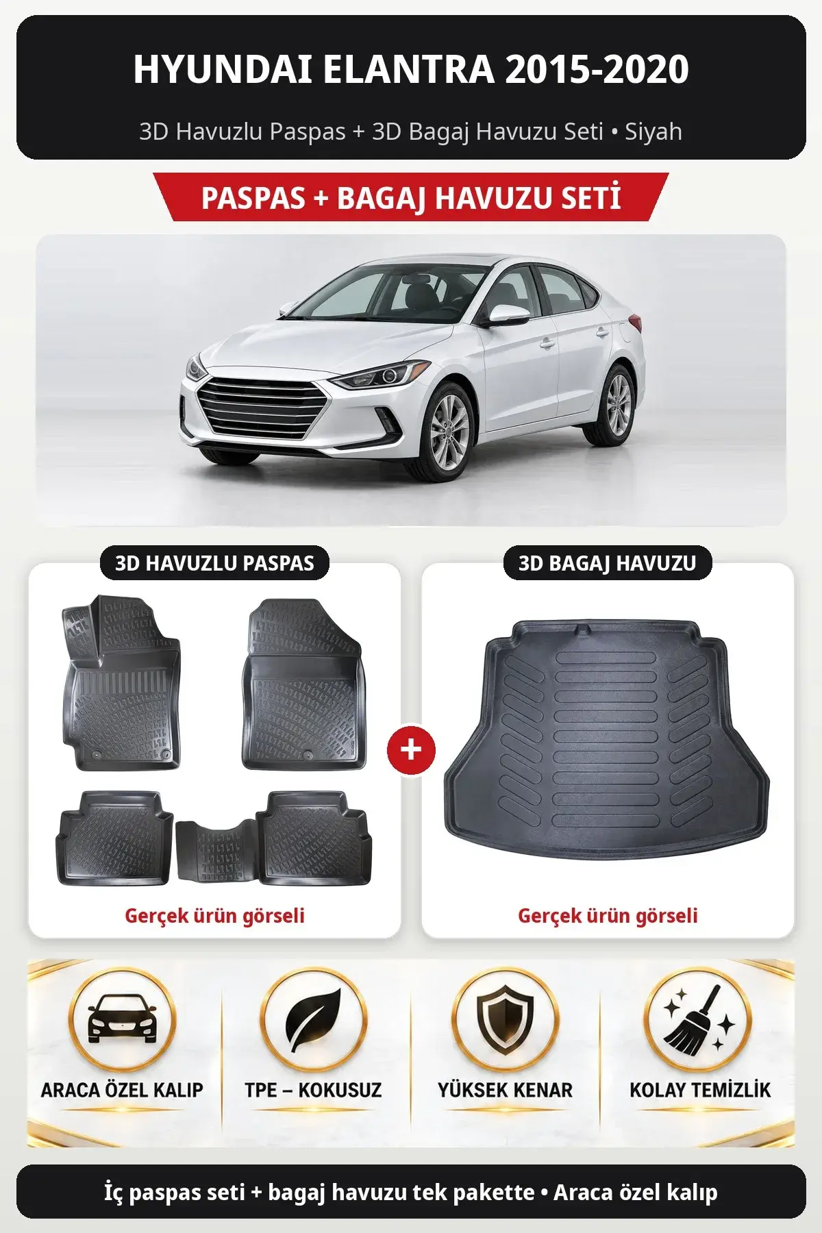 Hyundai Elantra 2015-2020 3D Havuzlu Paspas + 3D Bagaj Havuzu Seti Siyah (1)