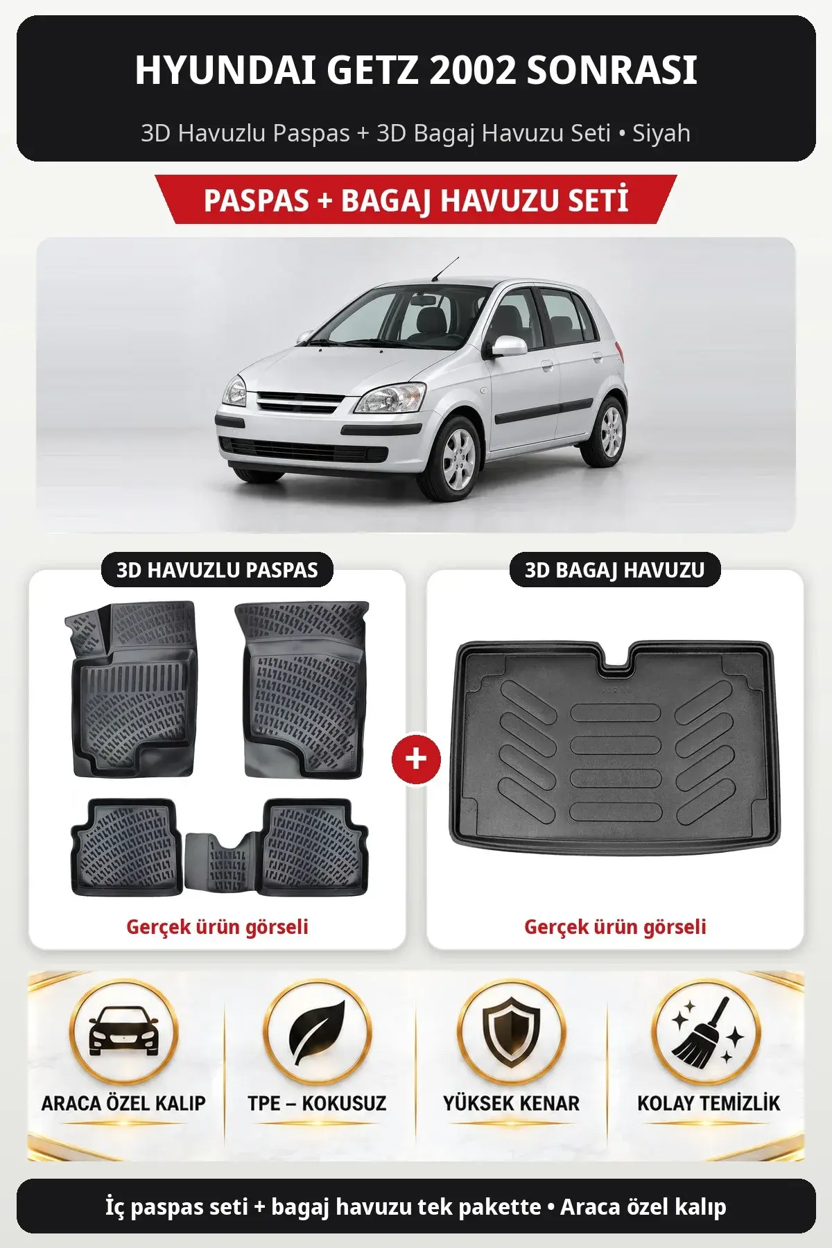 Hyundai Getz 2002 Sonrası 3D Havuzlu Paspas + 3D Bagaj Havuzu Seti Siyah (1)