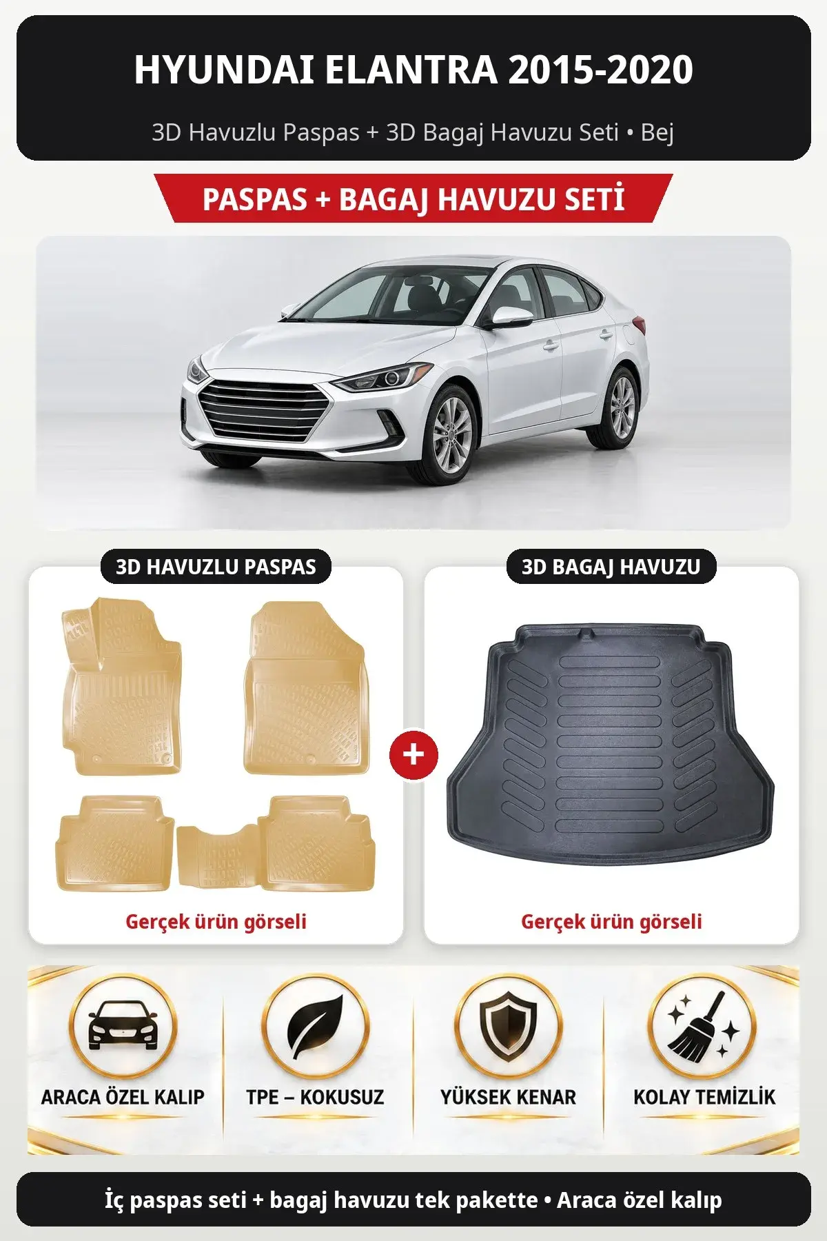 Hyundai Elantra 2015-2020 3D Havuzlu Paspas + 3D Bagaj Havuzu Seti Bej (1)