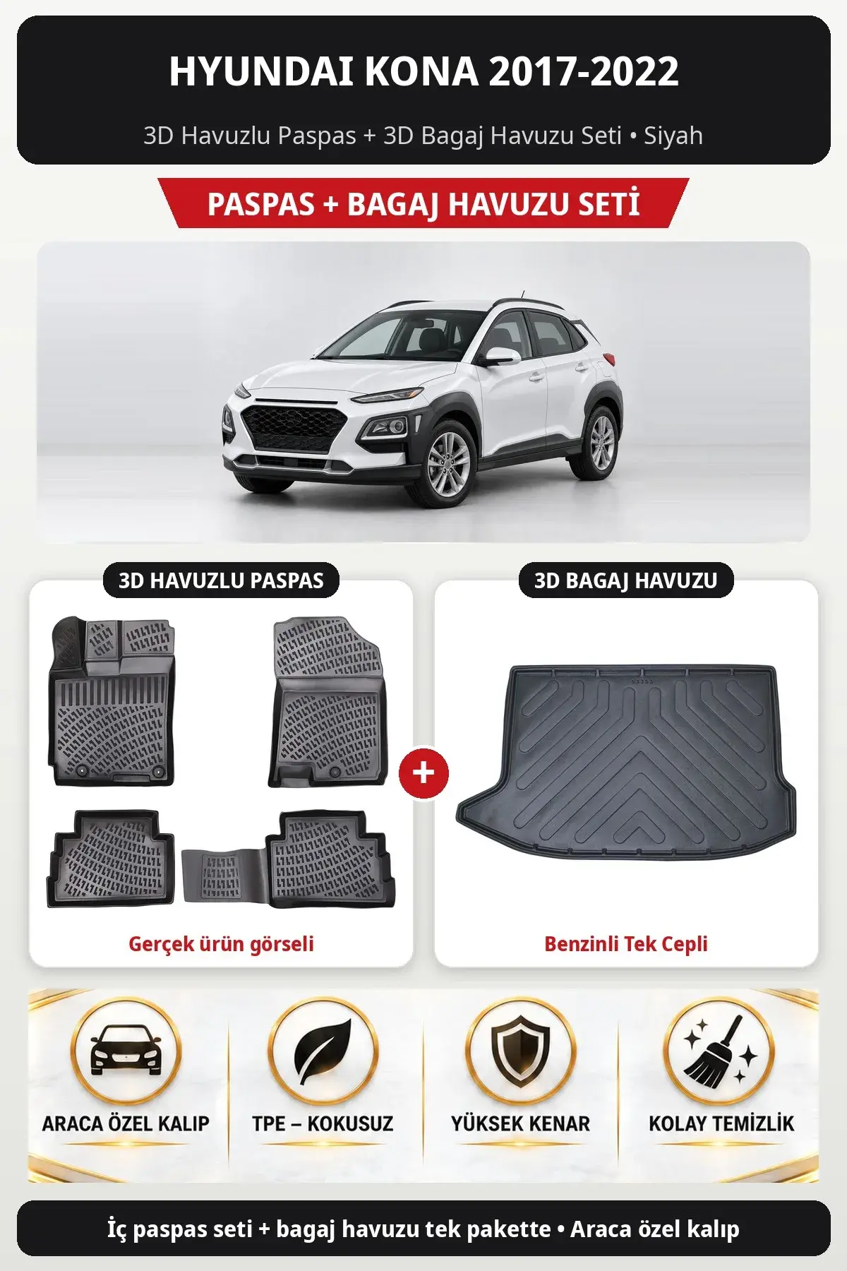 Hyundai Kona 2017-2022 3D Havuzlu Paspas + 3D Bagaj Havuzu Seti (Benzinli Tek Cepli) Siyah (1)
