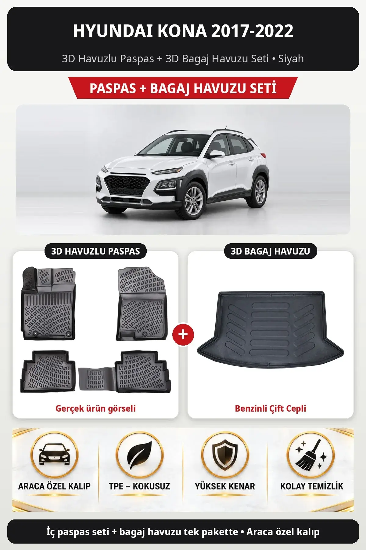Hyundai Kona 2017-2022 3D Havuzlu Paspas + 3D Bagaj Havuzu Seti (Benzinli Çift Cepli) Siyah (1)
