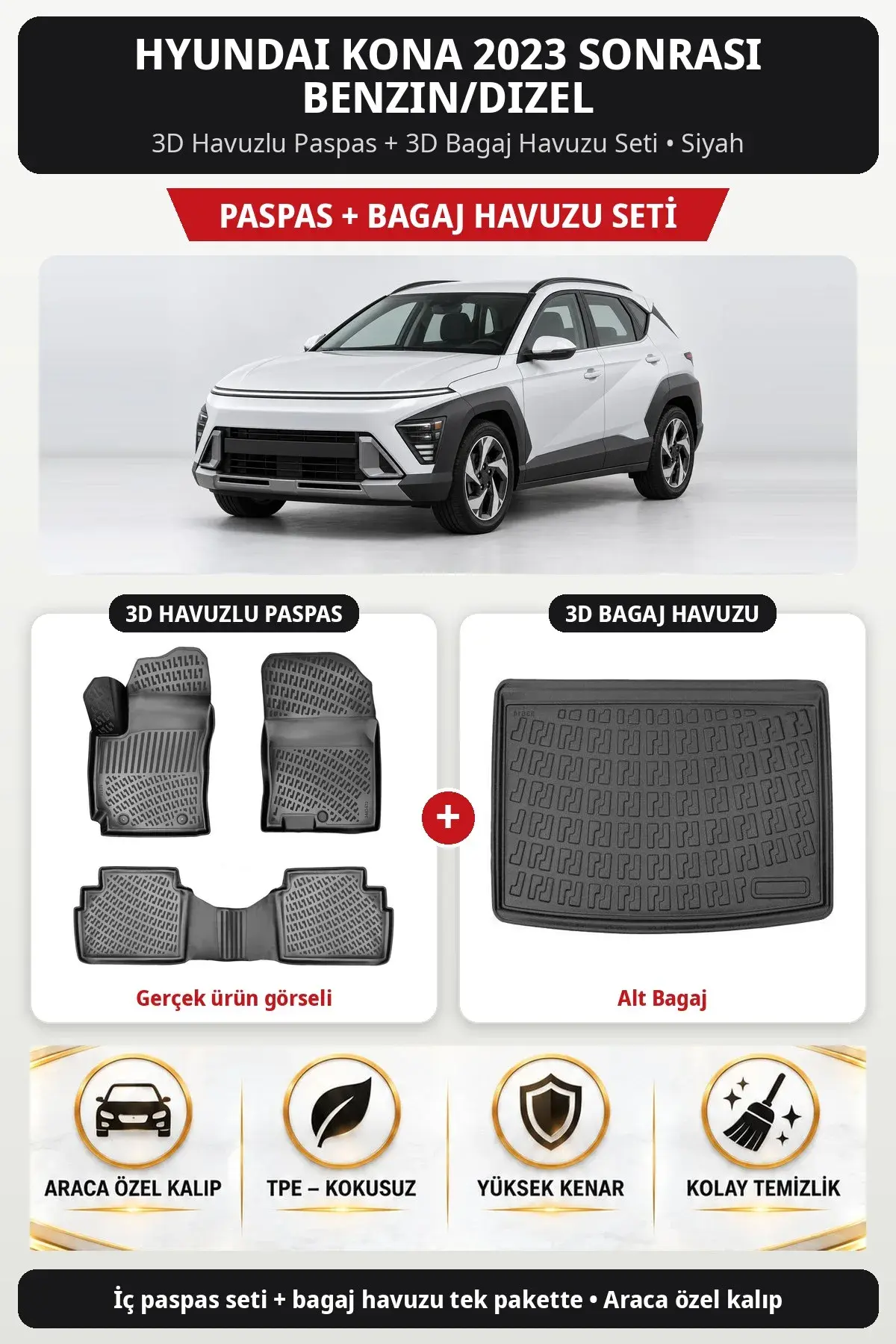 Hyundai Kona 2023 Sonrası Benzin/Dizel 3D Havuzlu Paspas + 3D Bagaj Havuzu Seti (Alt Bagaj) Siyah (1)