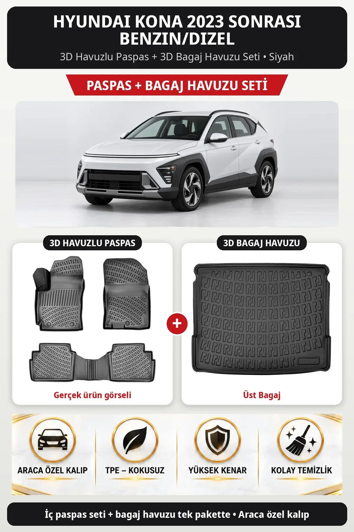 Hyundai Kona 2023 Sonrası Benzin/Dizel 3D Havuzlu Paspas + 3D Bagaj Havuzu Seti (Üst Bagaj) Siyah (1)
