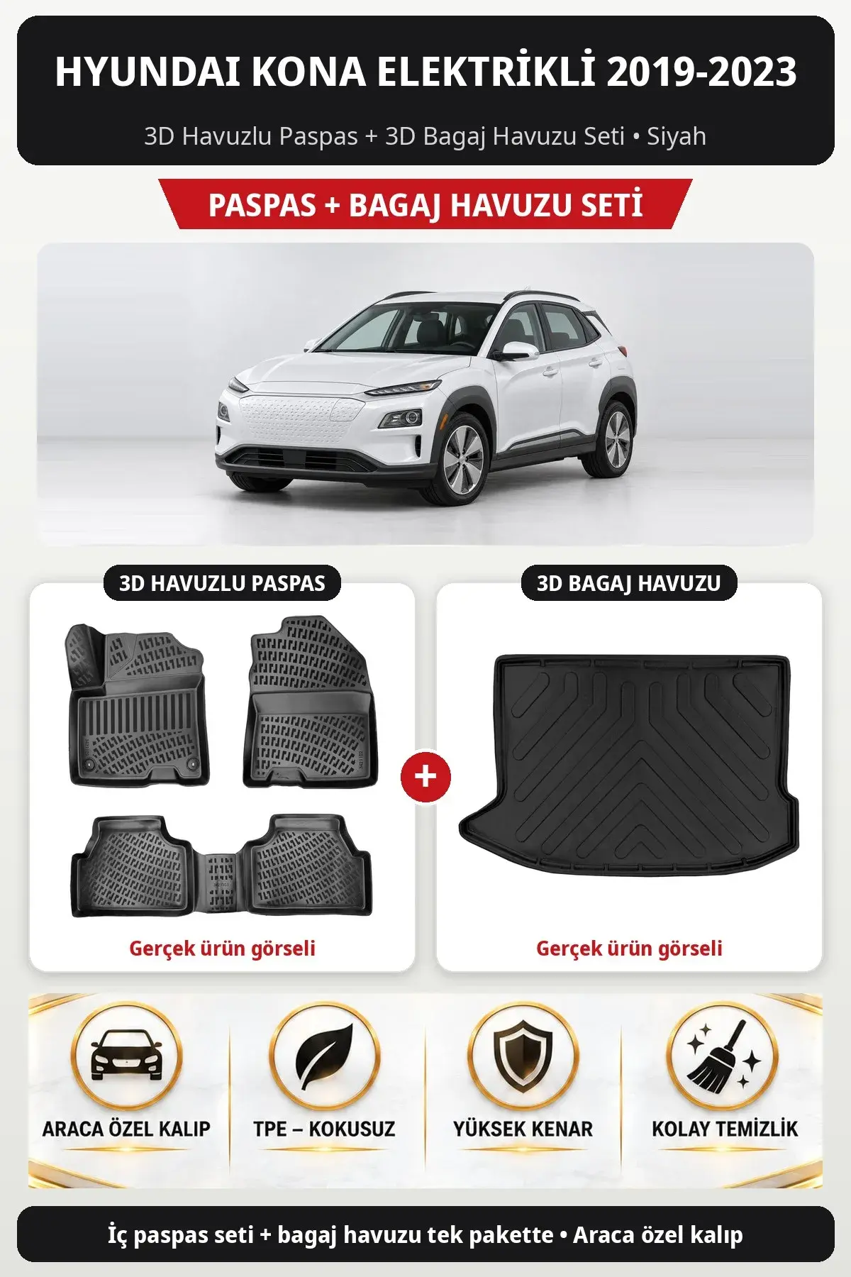 Hyundai Kona Elektrikli 2019-2023 3D Havuzlu Paspas + 3D Bagaj Havuzu Seti Siyah (1)