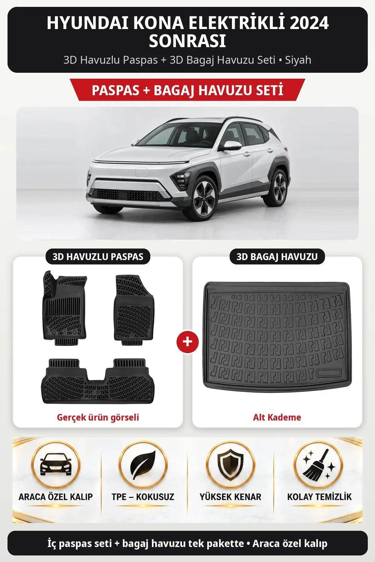 Hyundai Kona Elektrikli 2024 Sonrası 3D Havuzlu Paspas + 3D Bagaj Havuzu Seti (Alt Kademe) Siyah (1)
