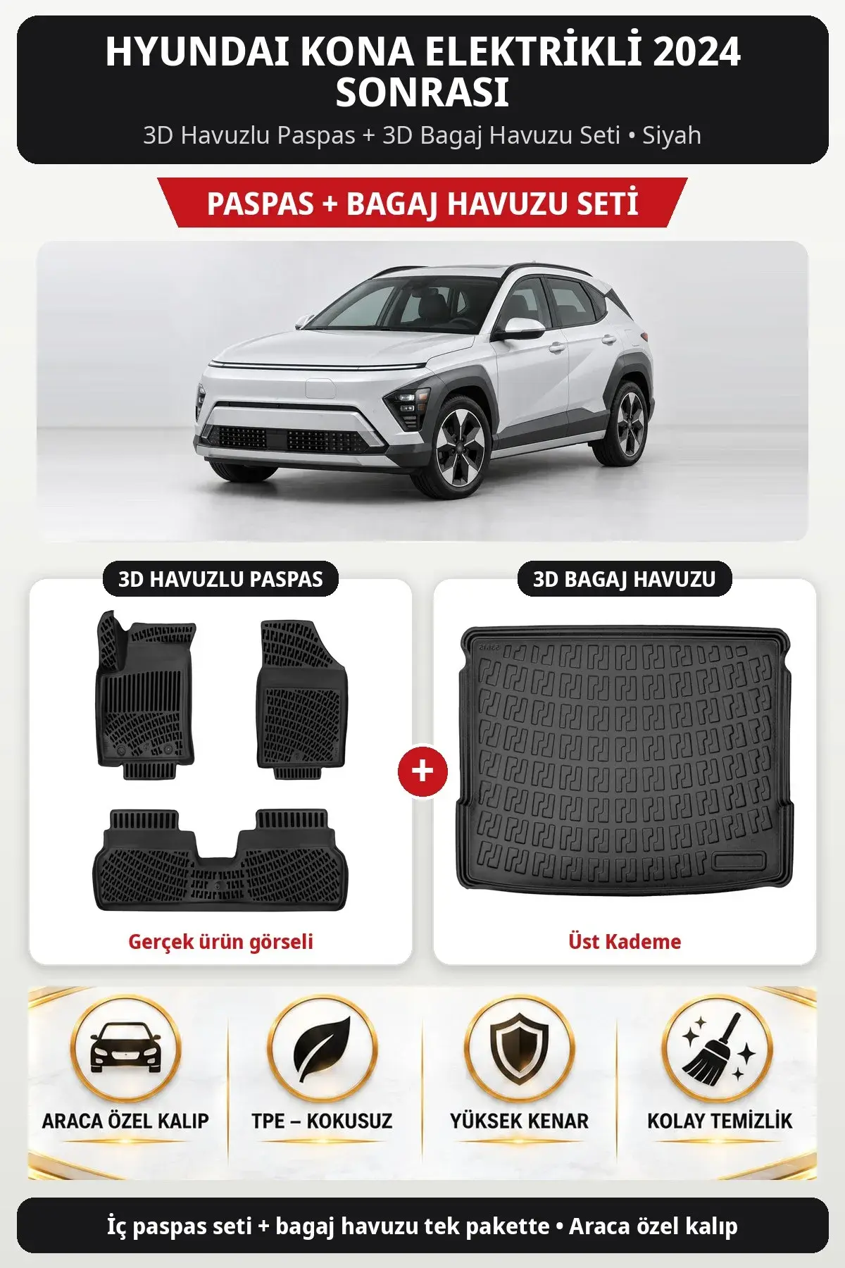 Hyundai Kona Elektrikli 2024 Sonrası 3D Havuzlu Paspas + 3D Bagaj Havuzu Seti (Üst Kademe) Siyah (1)