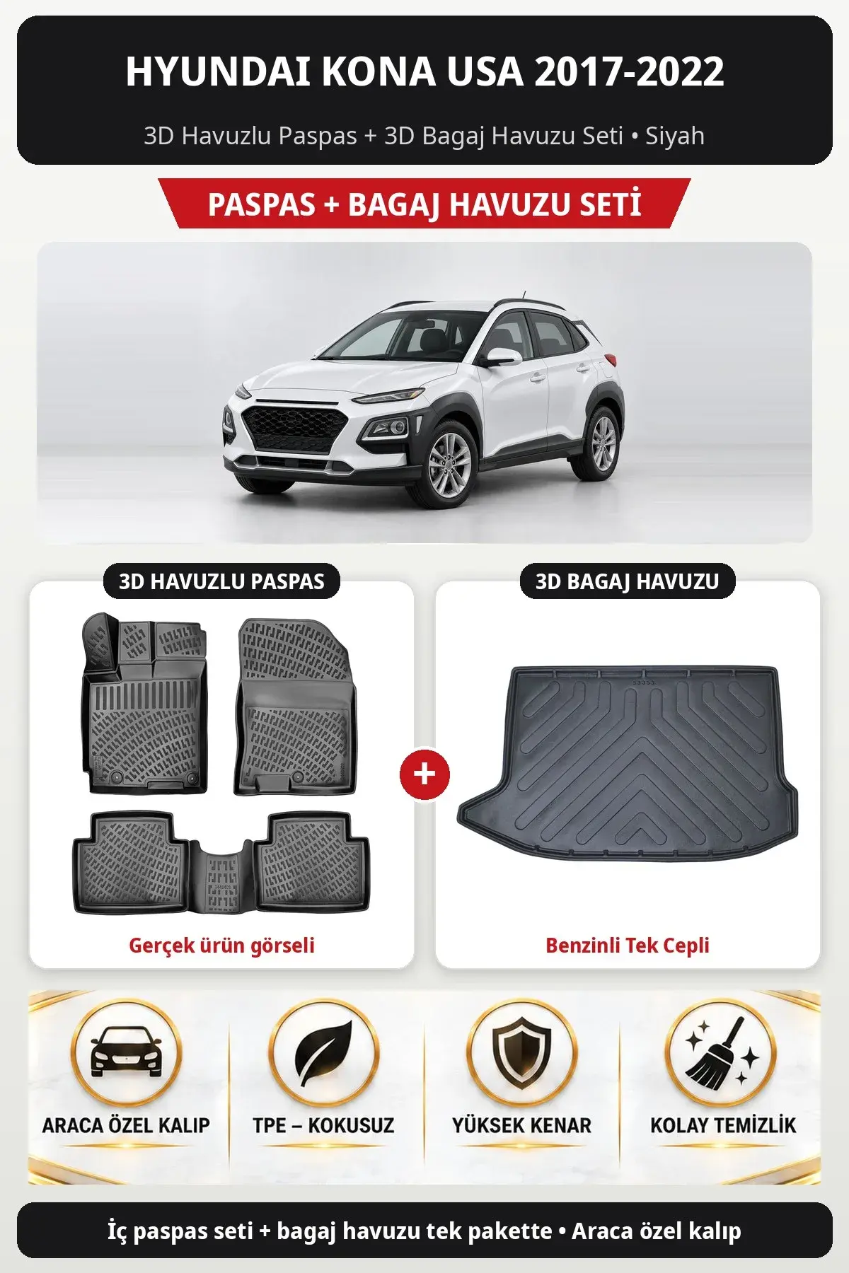 Hyundai Kona USA 2017-2022 3D Havuzlu Paspas + 3D Bagaj Havuzu Seti (Benzinli Tek Cepli) Siyah (1)