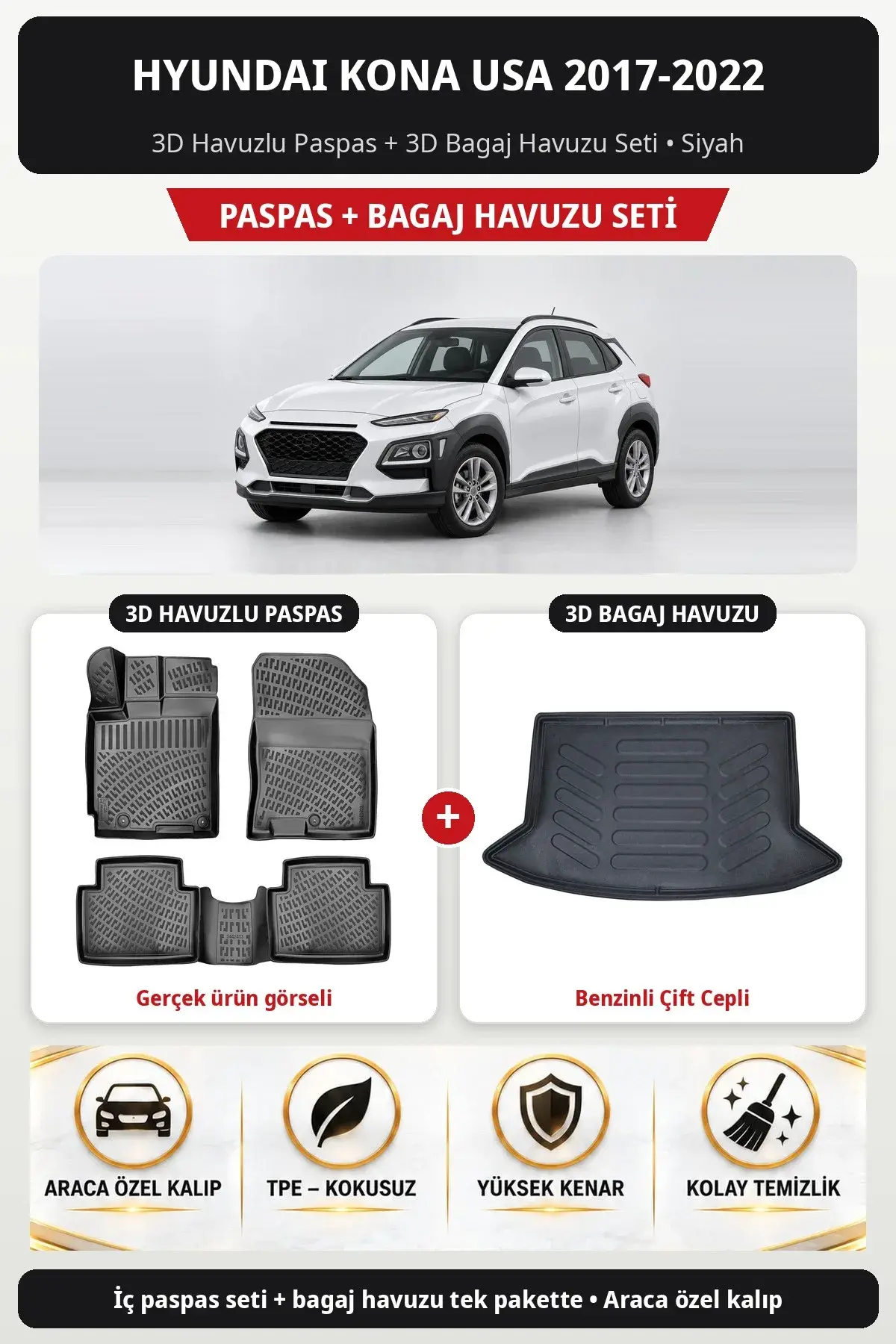 Hyundai Kona USA 2017-2022 3D Havuzlu Paspas + 3D Bagaj Havuzu Seti (Benzinli Çift Cepli) Siyah (1)