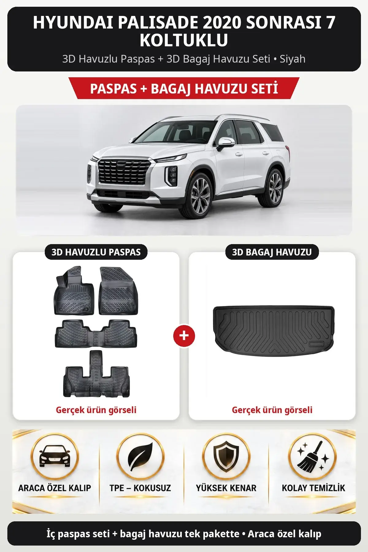 Hyundai Palisade 2020 Sonrası 7 Koltuklu 3D Havuzlu Paspas + 3D Bagaj Havuzu Seti Siyah (1)