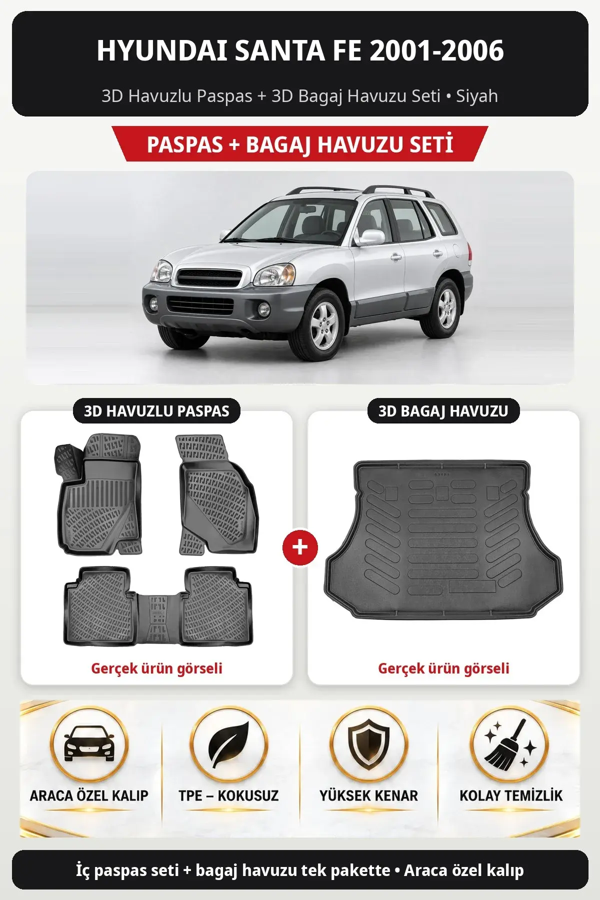 Hyundai Santa Fe 2001-2006 3D Havuzlu Paspas + 3D Bagaj Havuzu Seti Siyah (1)