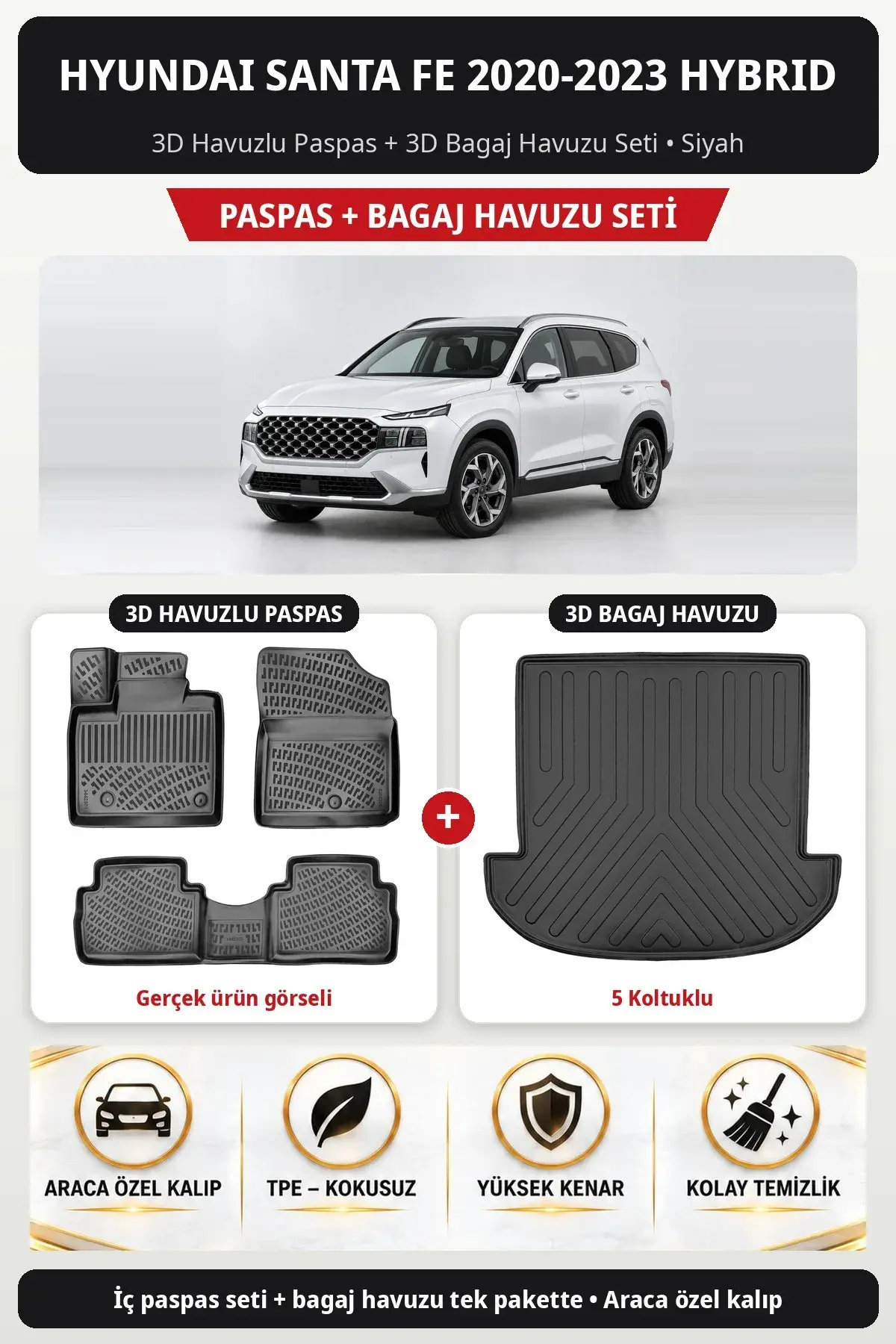 Hyundai Santa Fe 2020-2023 Hybrid 3D Havuzlu Paspas + 3D Bagaj Havuzu Seti (5 Koltuklu) Siyah (1)