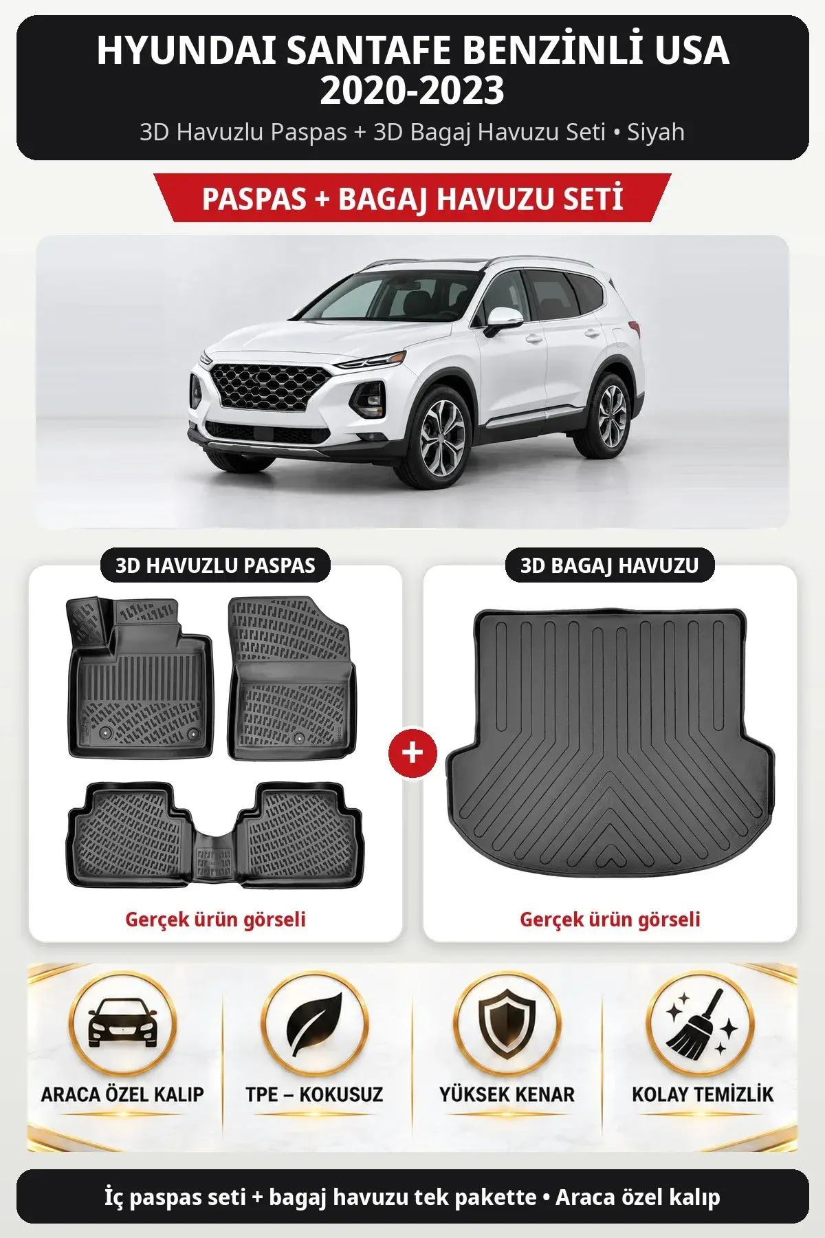 Hyundai SantaFe Benzinli USA 2020-2023 3D Havuzlu Paspas + 3D Bagaj Havuzu Seti Siyah (1)