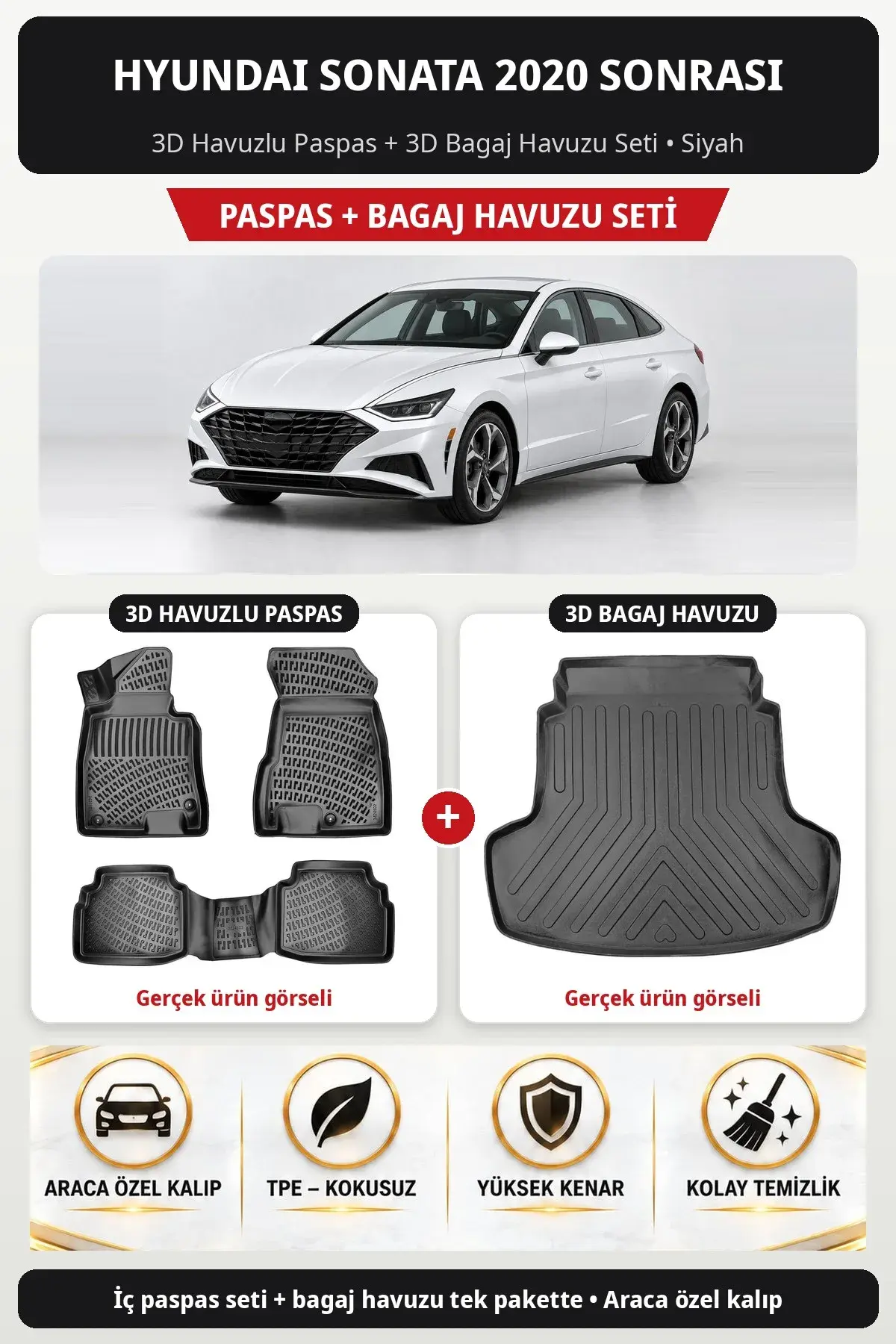 Hyundai Sonata 2020 Sonrası 3D Havuzlu Paspas + 3D Bagaj Havuzu Seti Siyah (1)