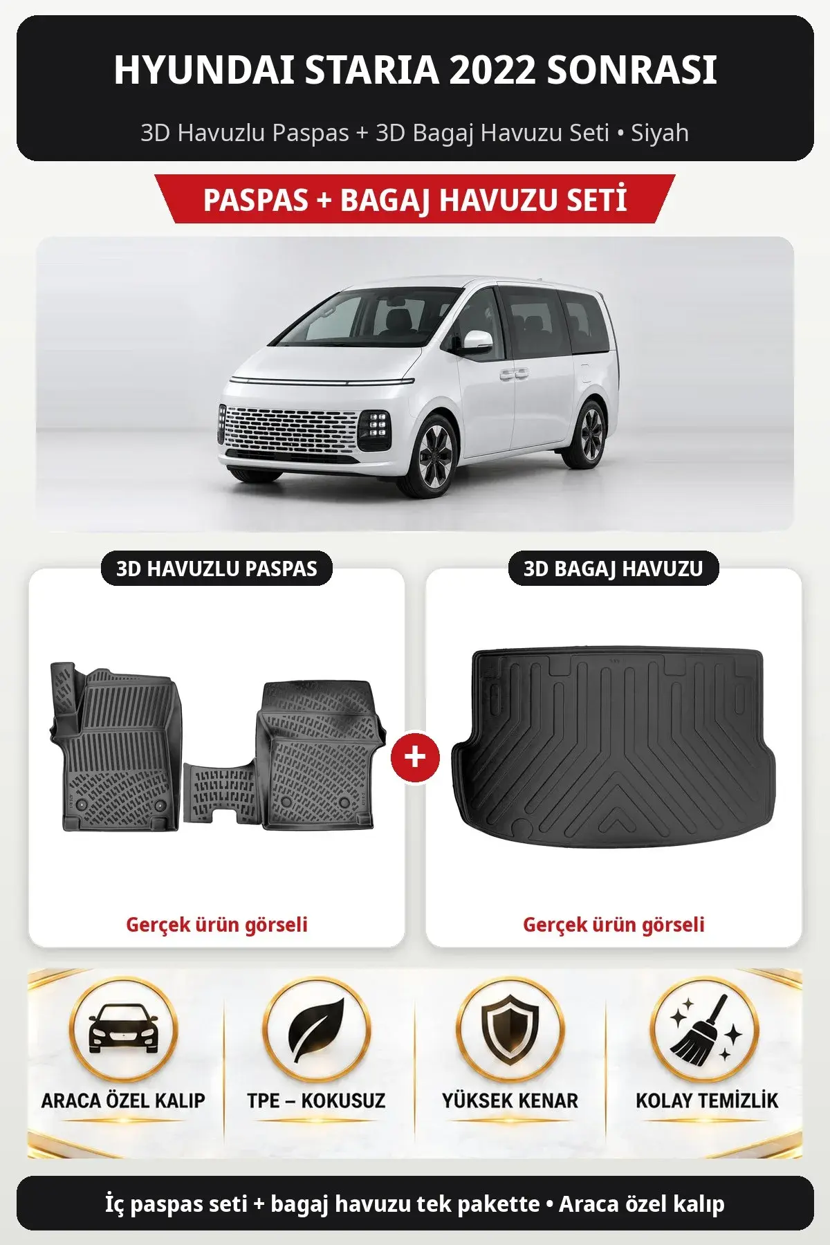 Hyundai Staria 2022 Sonrası 3D Havuzlu Paspas + 3D Bagaj Havuzu Seti Siyah (1)