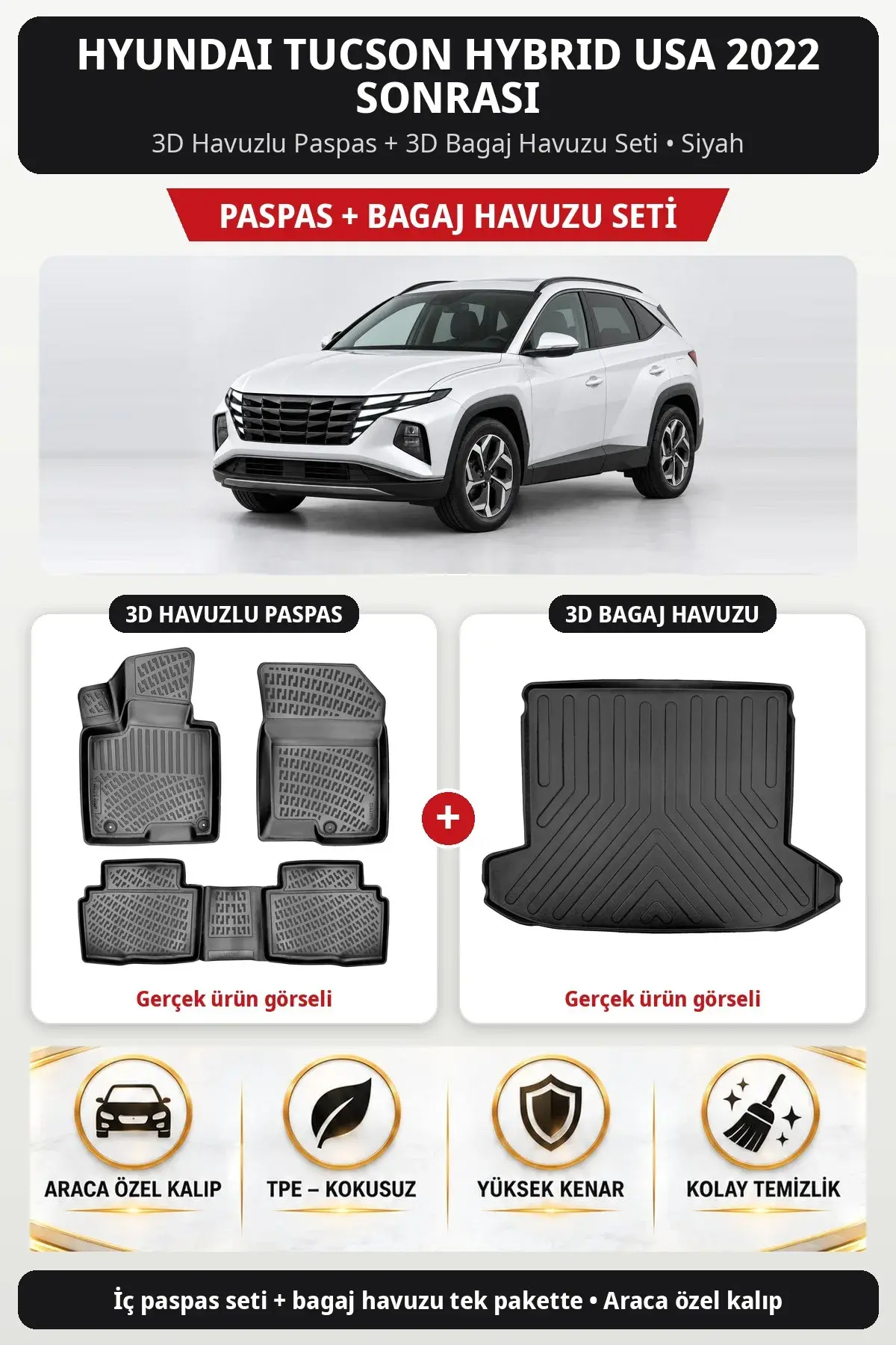 Hyundai Tucson Hybrid USA 2022 Sonrası 3D Havuzlu Paspas + 3D Bagaj Havuzu Seti Siyah (1)