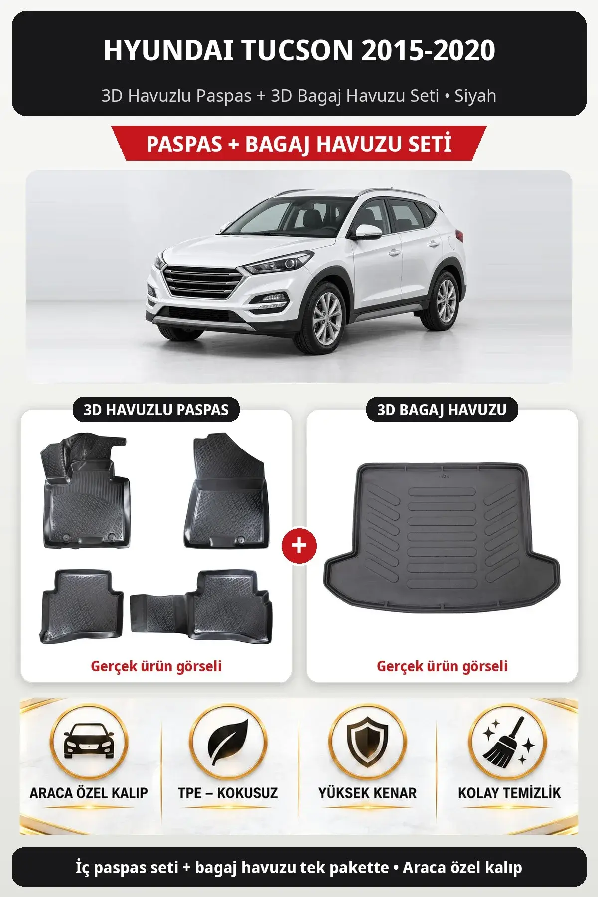 Hyundai Tucson 2015-2020 3D Havuzlu Paspas + 3D Bagaj Havuzu Seti Siyah (1)