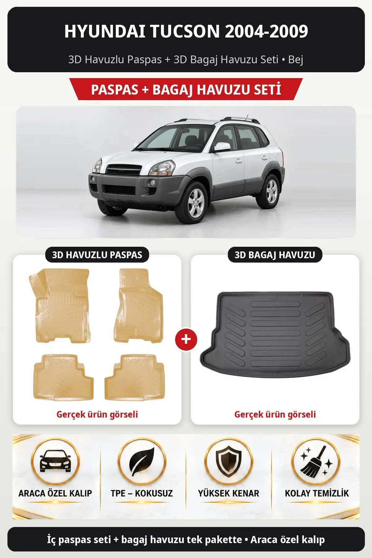 Hyundai Tucson 2004-2009 3D Havuzlu Paspas + 3D Bagaj Havuzu Seti Bej (1)