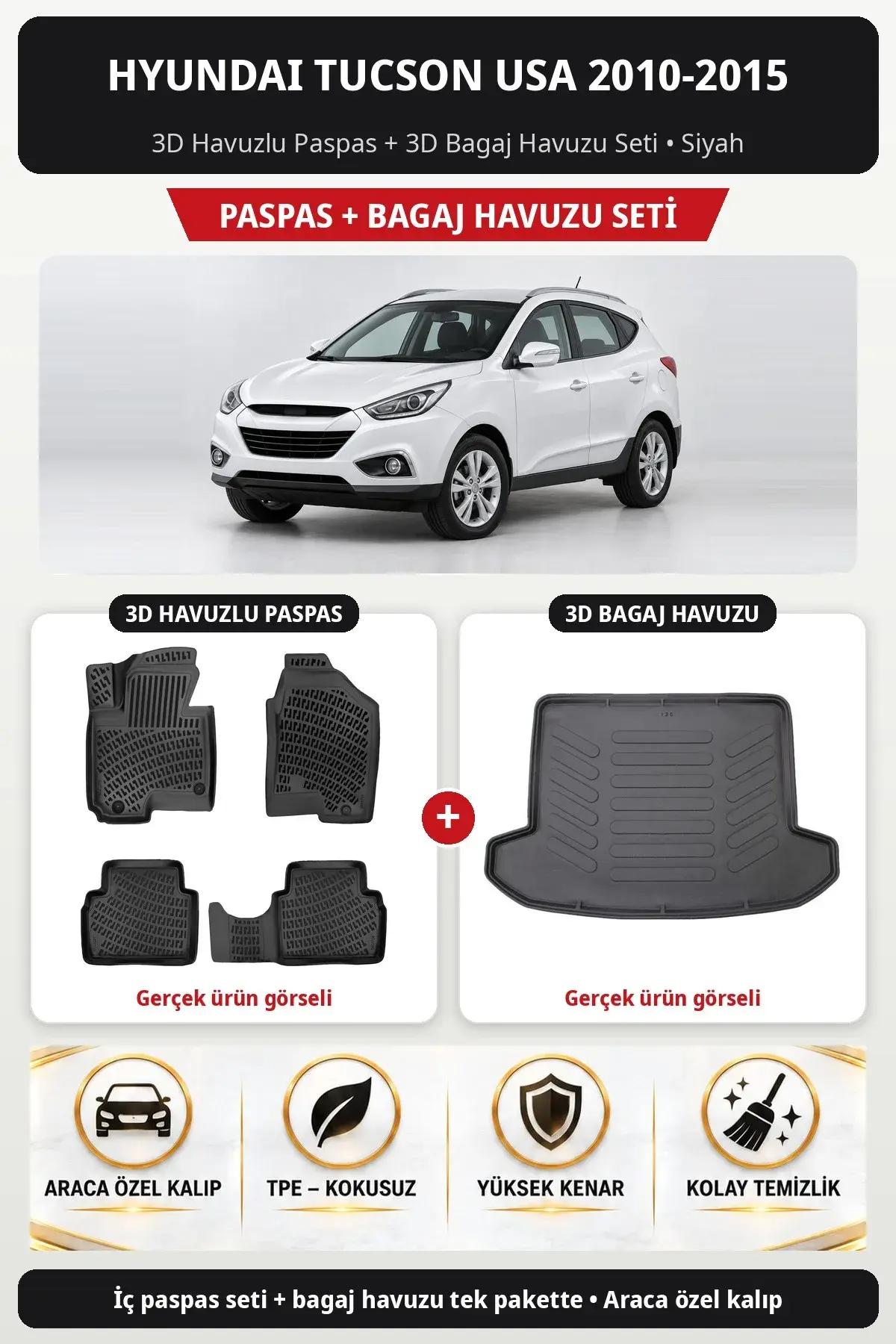 Hyundai Tucson USA 2010-2015 3D Havuzlu Paspas + 3D Bagaj Havuzu Seti Siyah (1)