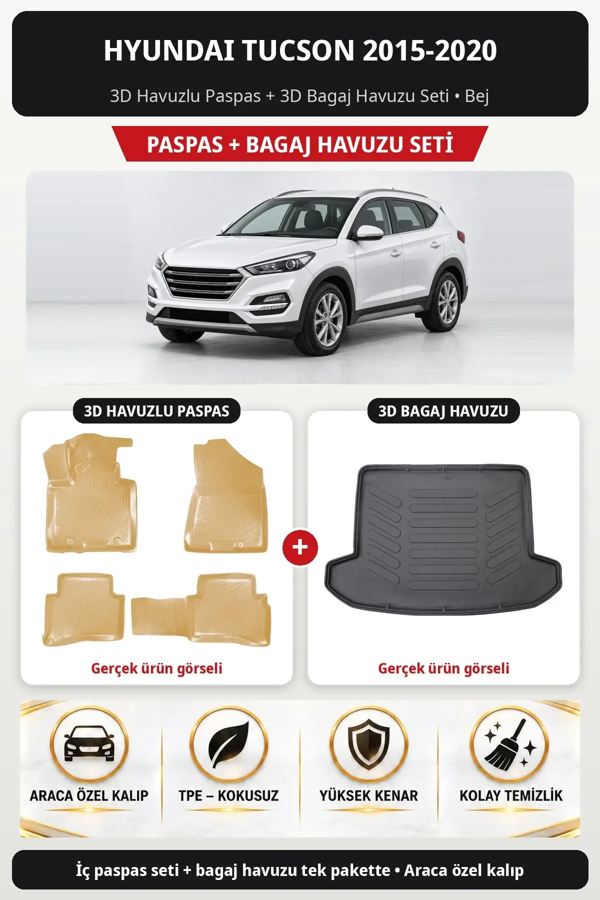 Hyundai Tucson 2015-2020 3D Havuzlu Paspas + 3D Bagaj Havuzu Seti Bej (1)