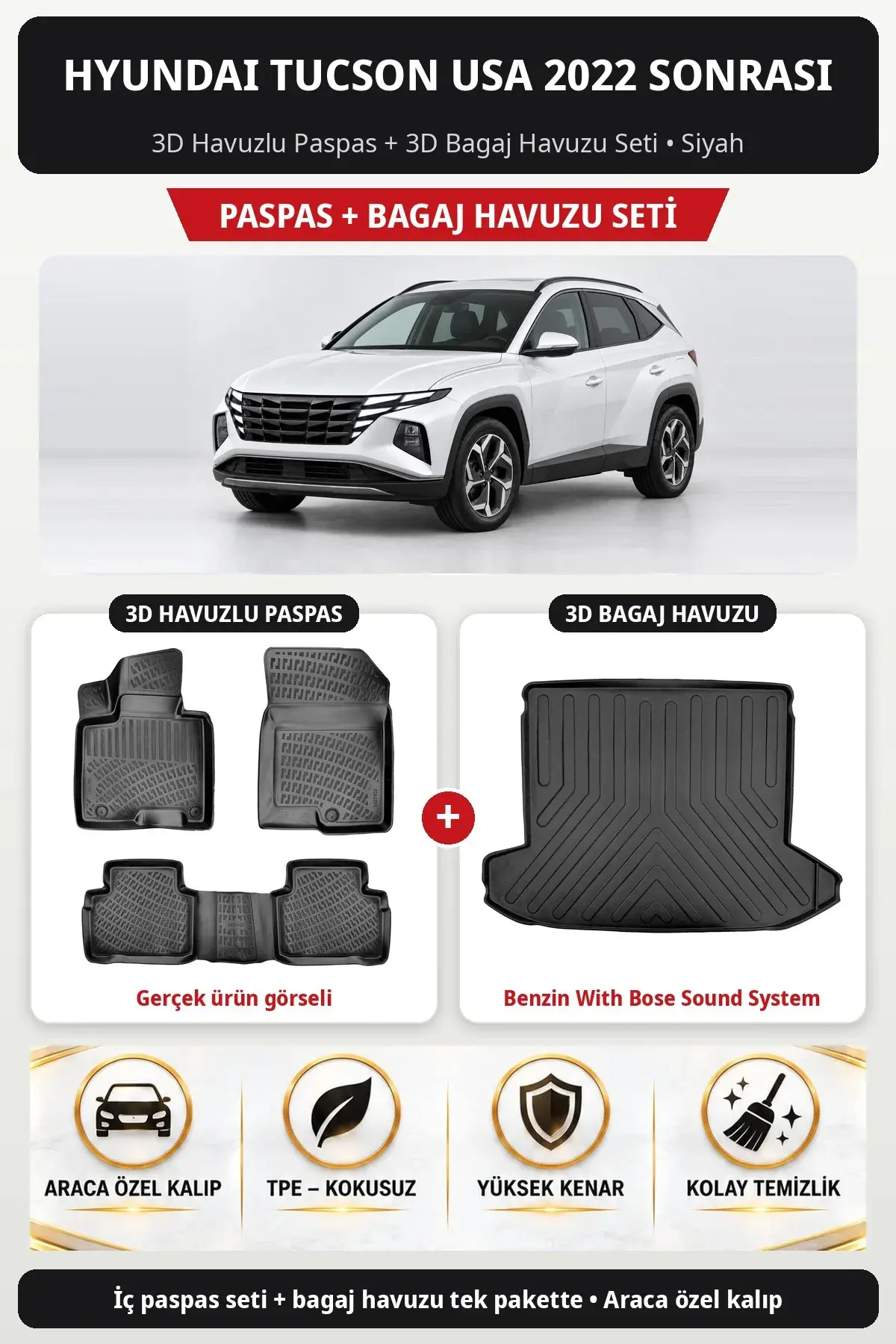 Hyundai Tucson USA 2022 Sonrası 3D Paspas + Bagaj Havuzu Seti (Benzin With Bose Sound System) Siyah (1)