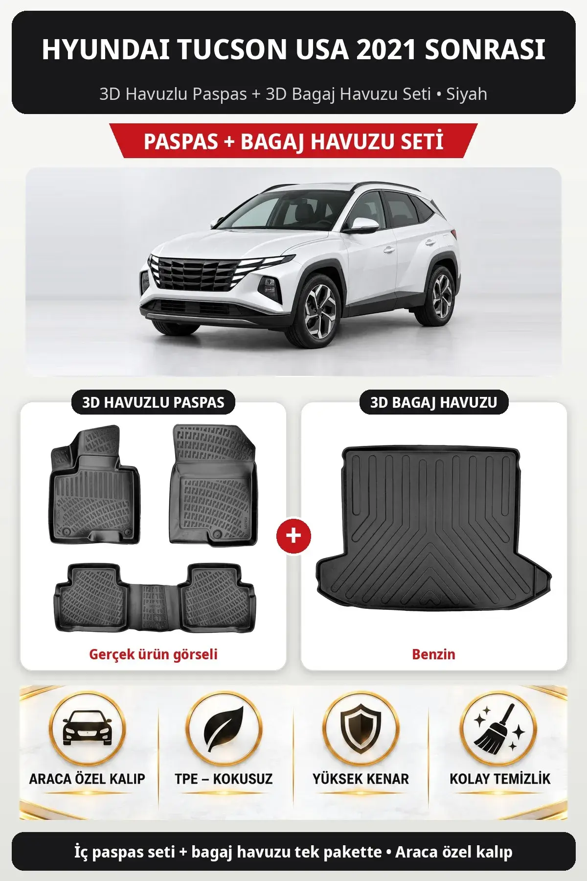 Hyundai Tucson USA 2021 Sonrası 3D Havuzlu Paspas + 3D Bagaj Havuzu Seti (Benzin) Siyah (1)