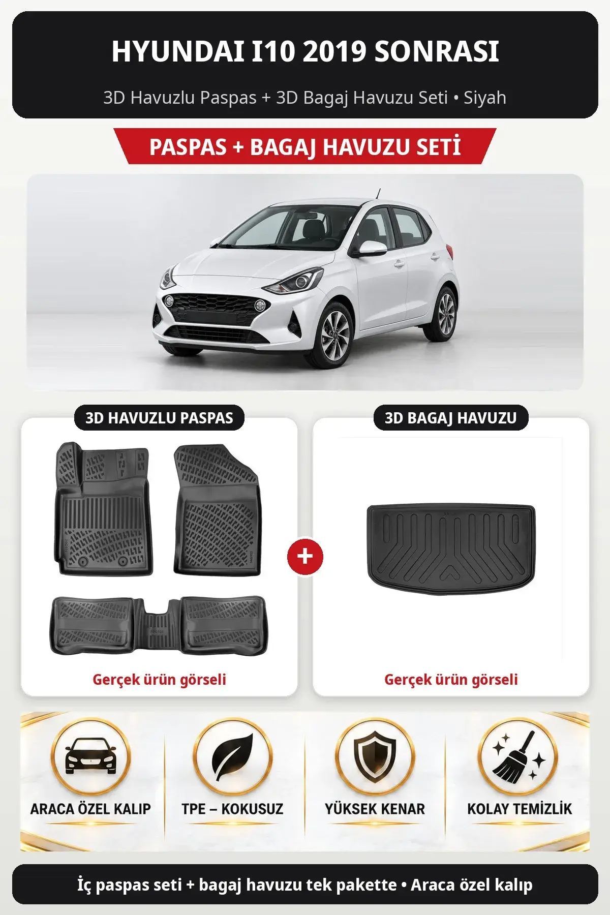 Hyundai i10 2019 Sonrası 3D Havuzlu Paspas + 3D Bagaj Havuzu Seti Siyah (1)