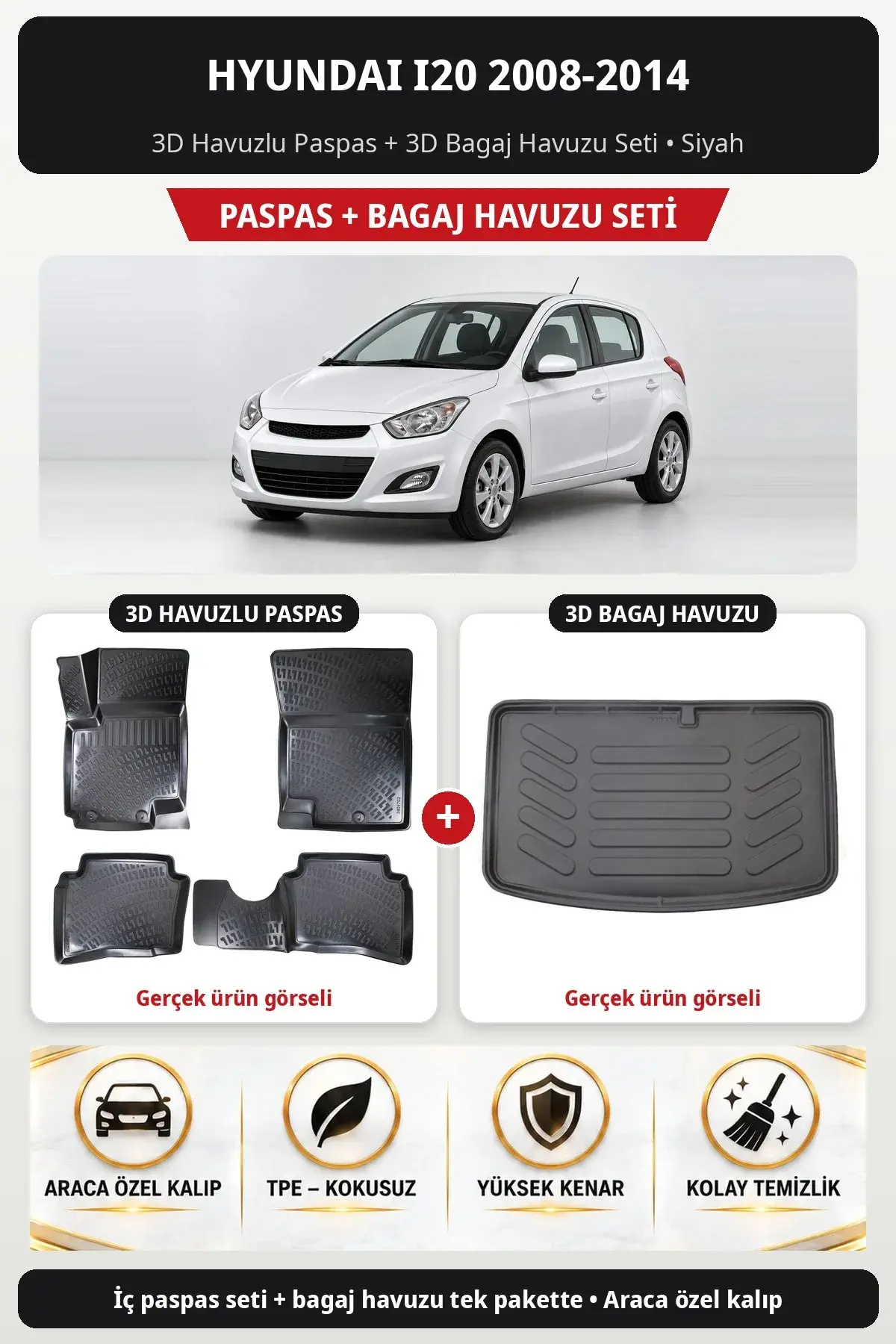 Hyundai i20 2008-2014 3D Havuzlu Paspas + 3D Bagaj Havuzu Seti Siyah (1)