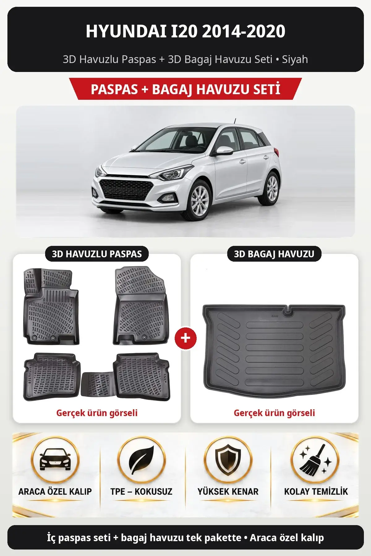 Hyundai i20 2014-2020 3D Havuzlu Paspas + 3D Bagaj Havuzu Seti Siyah (1)