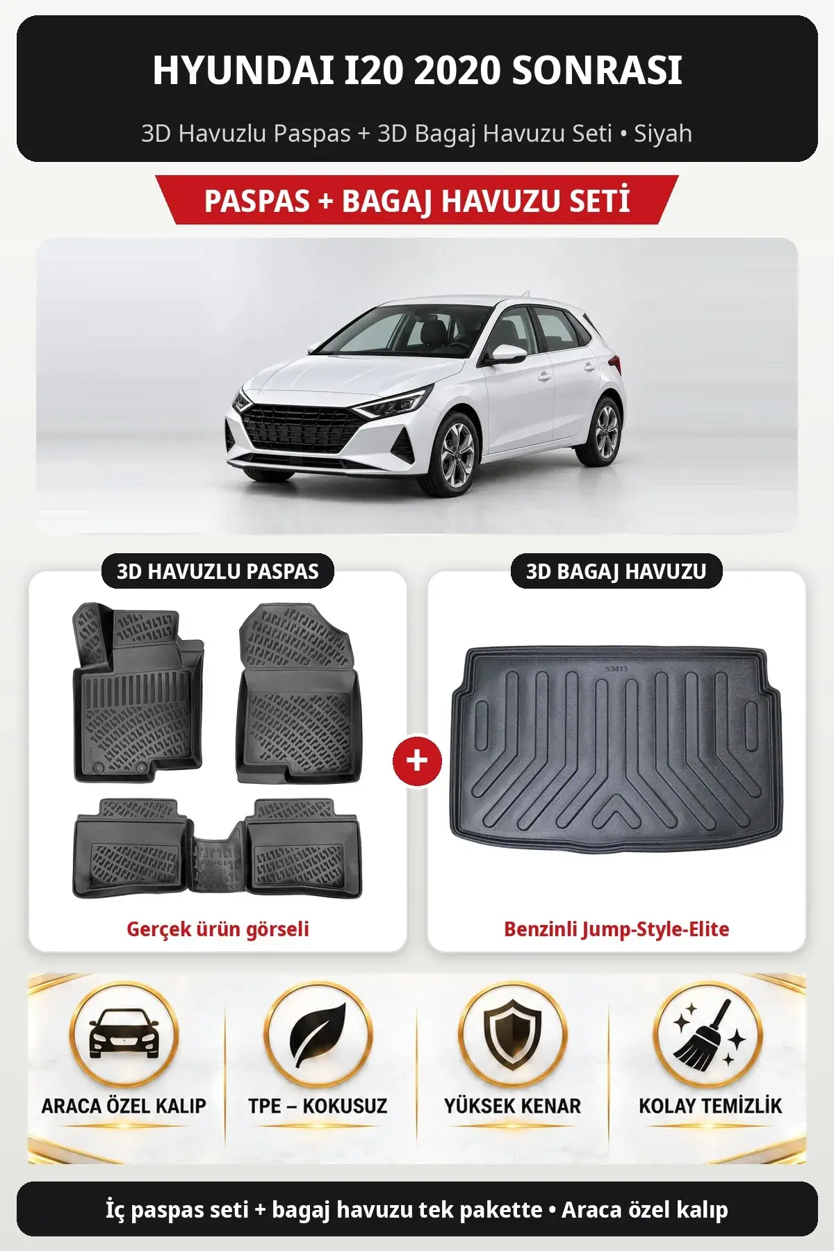 Hyundai i20 2020 Sonrası 3D Havuzlu Paspas + 3D Bagaj Havuzu Seti (Benzinli Jump-Style-Elite) Siyah (1)