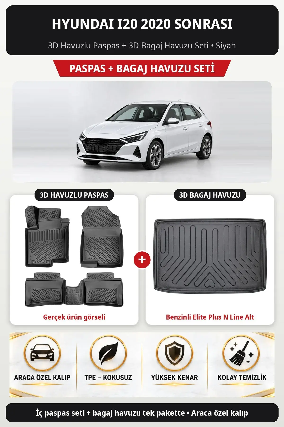 Hyundai i20 2020 Sonrası 3D Paspas + Bagaj Havuzu Seti (Benzinli Elite Plus N Line Alt) Siyah (1)